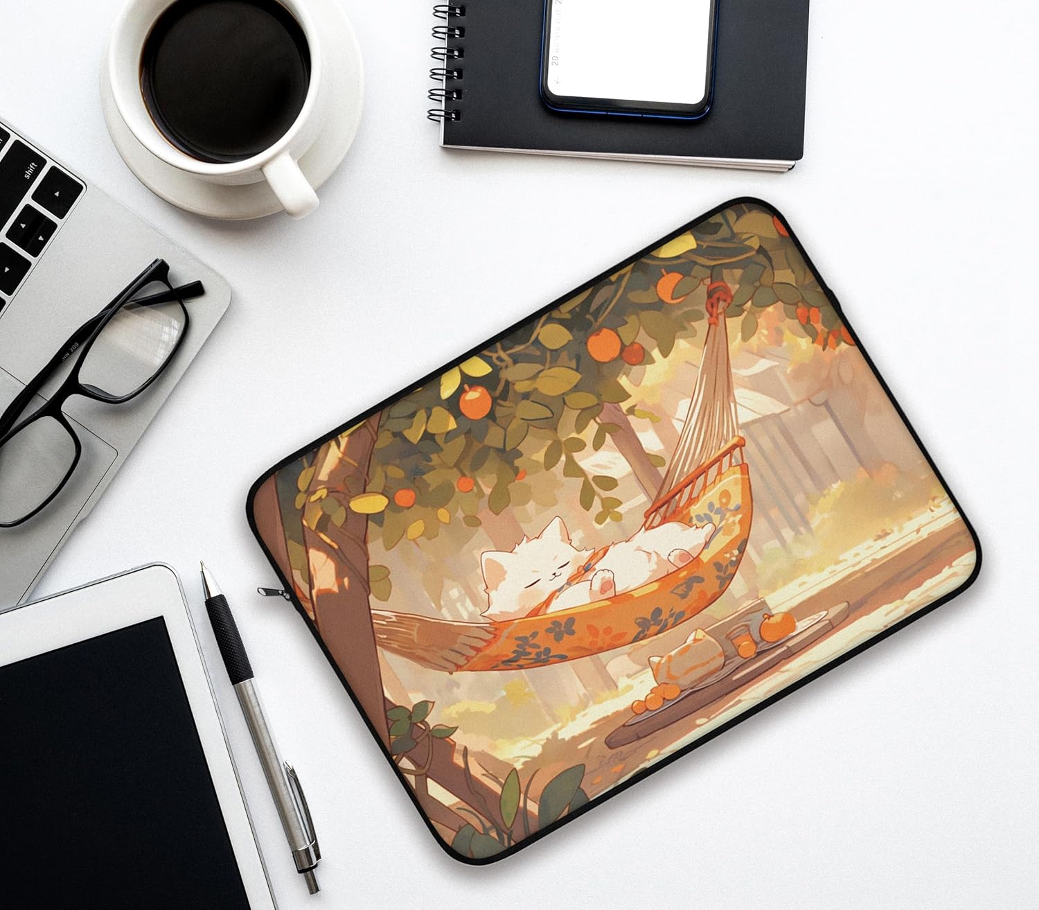 Kawaii Cat Laptop Sleeve 13" 15", Cute Anime-Style Summer Cat Design, Soft Fleece-Lined Protective Laptop Cover, Lightweight Sleeve for Work, Travel, or Daily Use (13")