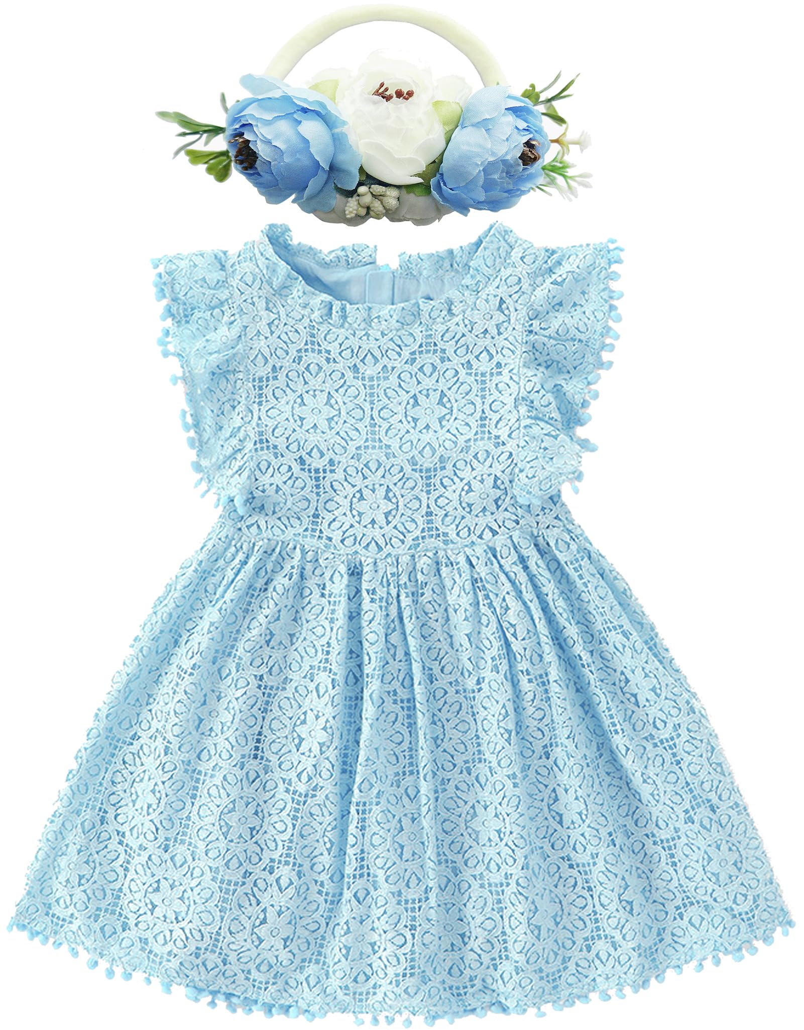 BGFKS Baby Girl Tutu Dress Elegant Lace Pom Pom Flutter Sleeve with Flower Headband Set