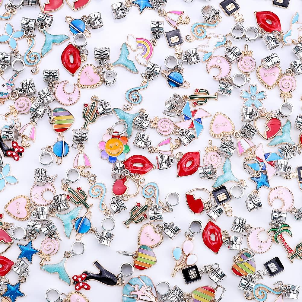 60 Pieces Assorted European Beads with Plating Silver Metal Alloy Rhinestone Large Hole Spacer Beads for DIY Charm Bracelet Jewelry Making (Alloy Coating Color Pendant) - Image 3