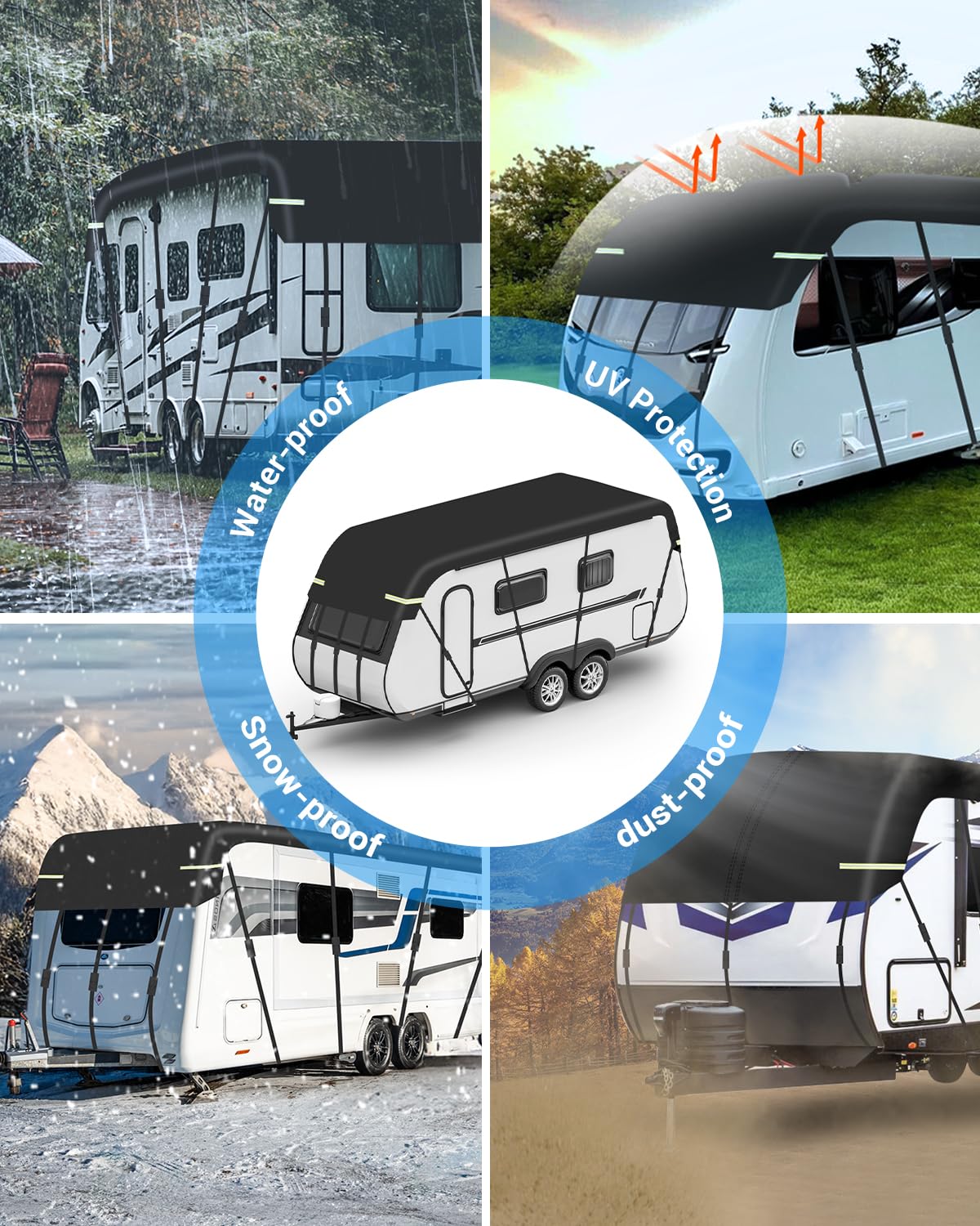 SUPAREE Telo Copri Camper impermeabile Telo Copertura Tetto Camper 210D Impermeabile Protezione UV con Strisce Riflettenti Nero (5.5 x 3m)