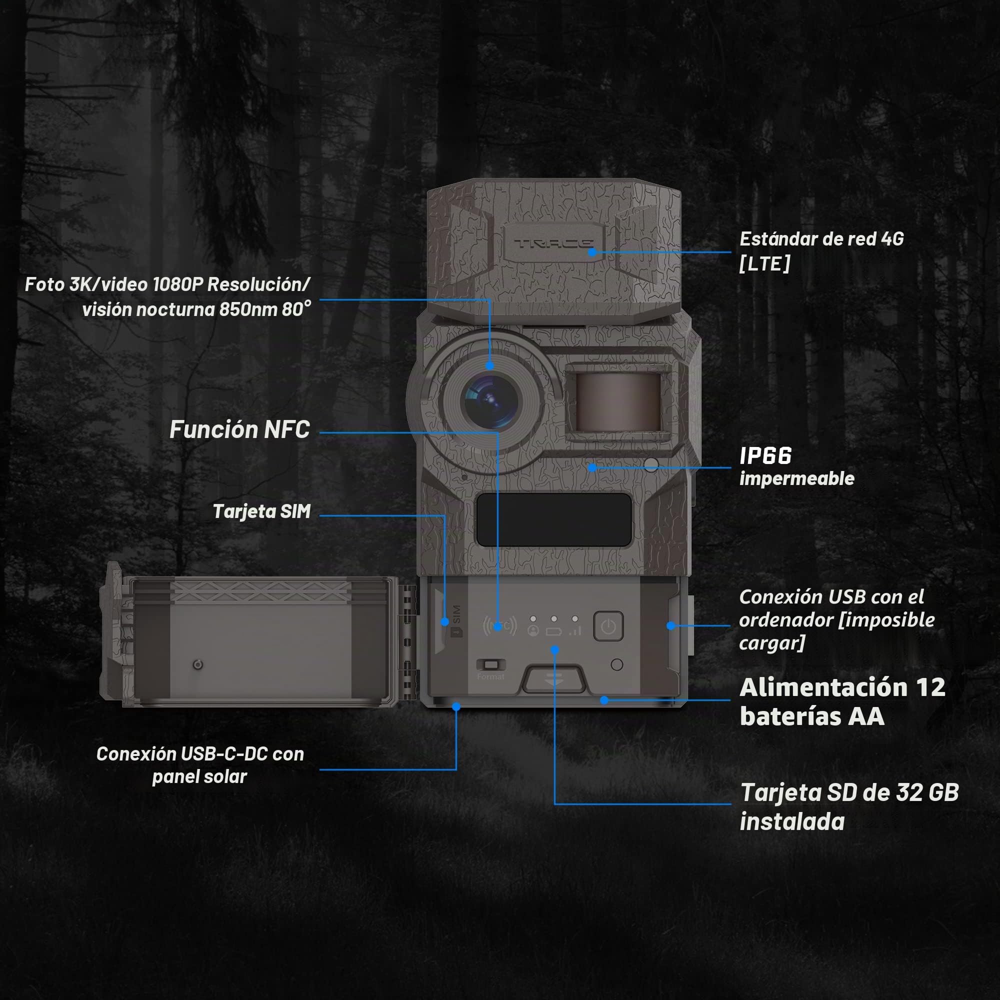 Camojojo Trace - Cámara de caza con SIM 4G LTE, cámara de caza con IP66 impermeable, tarjeta SD de 32 GB, aplicación multifunción, tiempo de funcionamiento más largo