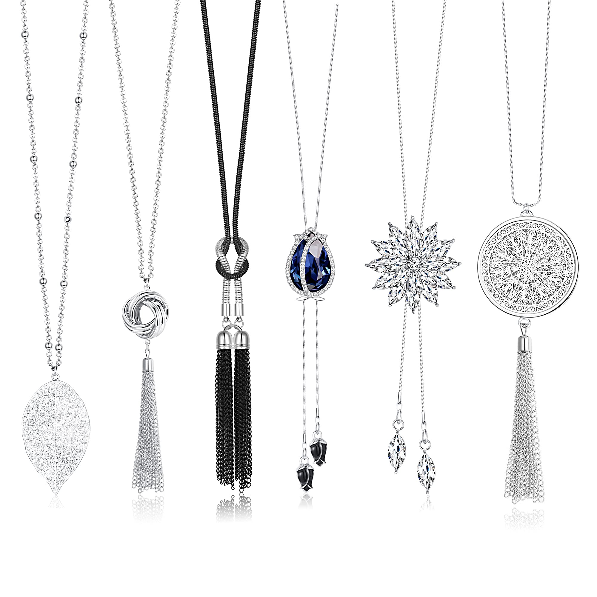 6 Pcs Long Pendant Necklace for Women Girls Long Sweater Necklace Set Chain Rhinestone Flower Tassel Statement Pendant Neckace Jewelry Women Gifts