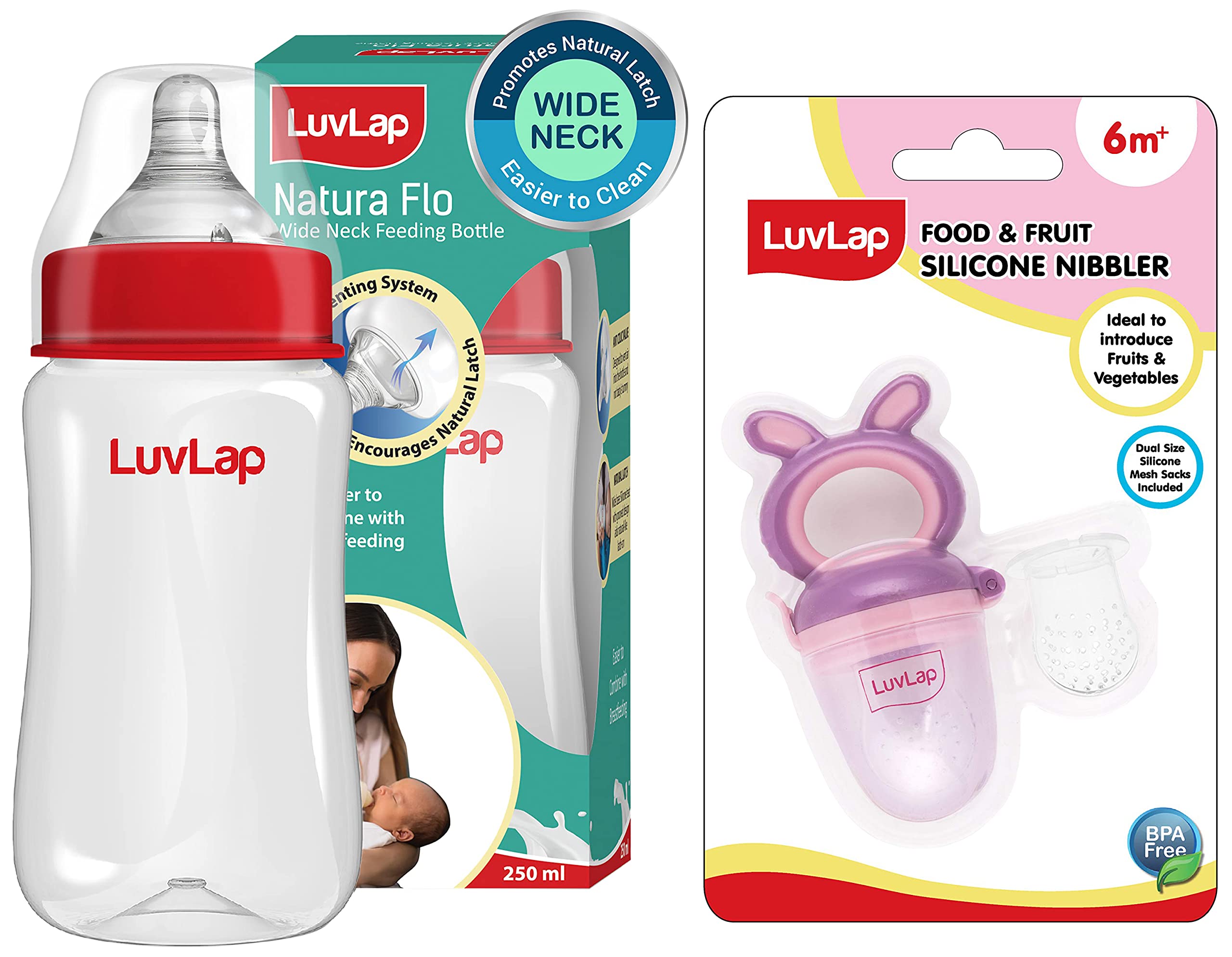 Luvlap Anti-Colic Wide Neck Natura Flo Baby Plastic Feeding Bottle, 250Ml, New Born/Infants/Toddler Upto 3 Years, Bpa Free & Bunny Food & Fruit Nibbler
