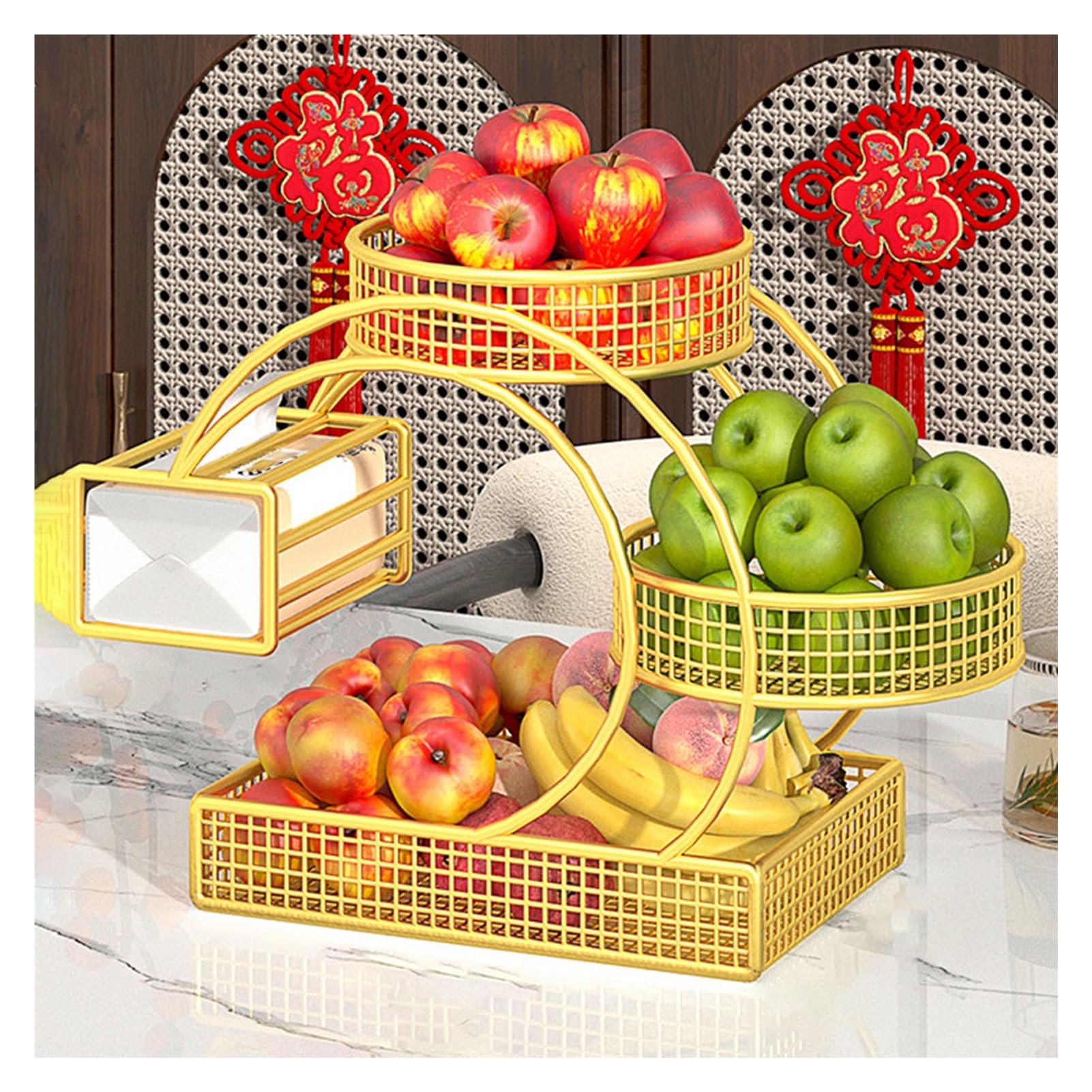 XCSDEW Wrought Iron Pastry Rack,Floor-standing Shelf,Hollow Fruit Storage Box,With Tissue ,Suitable for Living Room Use(Gold)