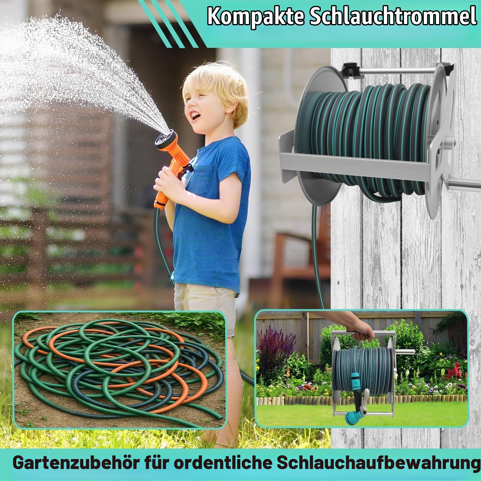 Schlauchtrommel aus Metall, Wandmontierte oder Freistehende Schlauchrolle | Robuster Gartenschlauch Trommel für 40 m Langer 1/2-Zoll-Schlauch, Geeignet für Gärten, Innenhöfe und Terrassen
