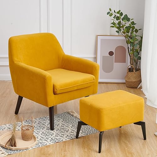 Silla decorativa amarilla tapizada con otomana gratis, patas de madera de nogal profundo, cómodo sillón de lectura para reposapiés gratis, sofá