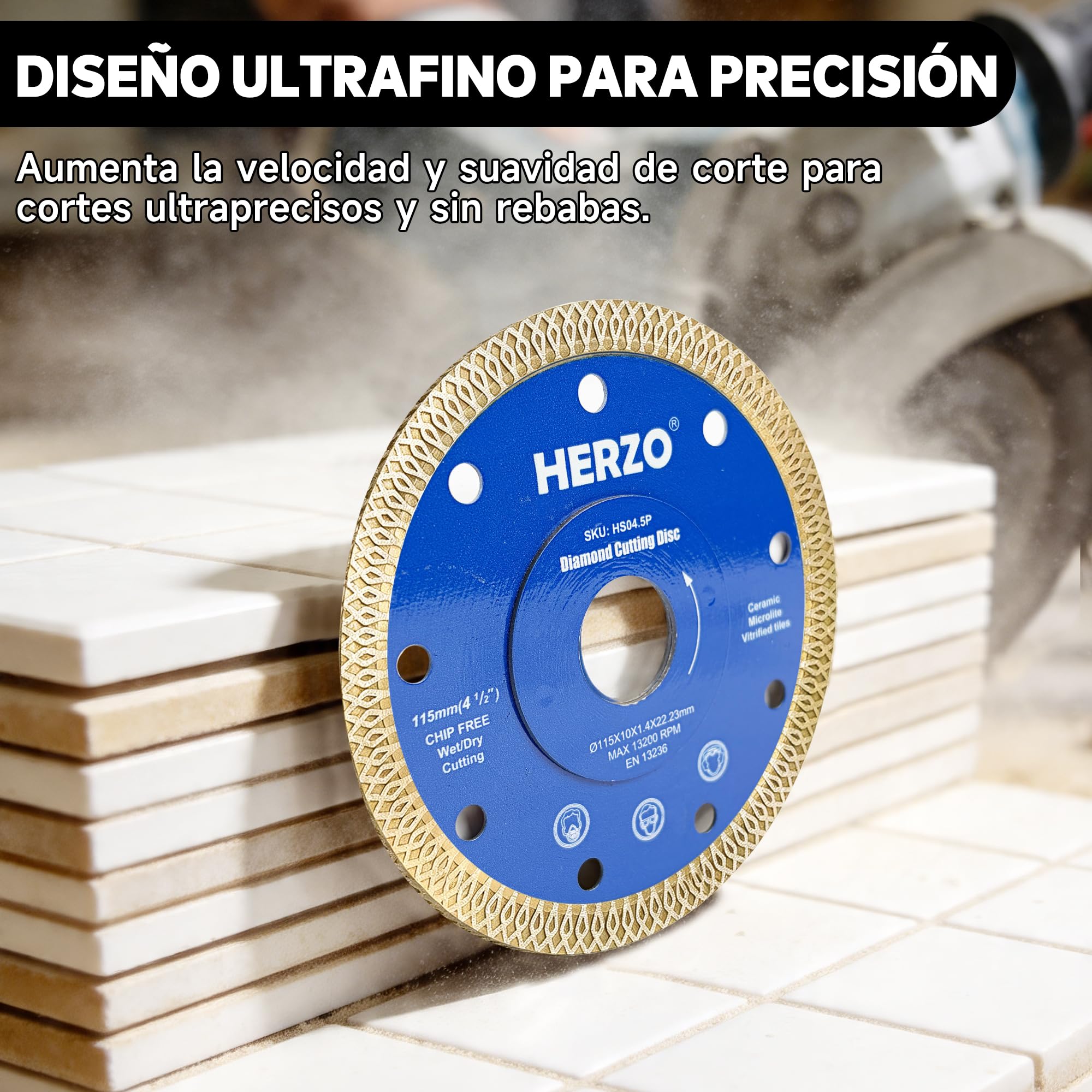 HERZO Discos de Diamante 115 mm x 22,23 mm para Azulejos - Disco de Diamante 115 mm para Azulejos, Gres Porcelánico, Porcelana y Cerámica
