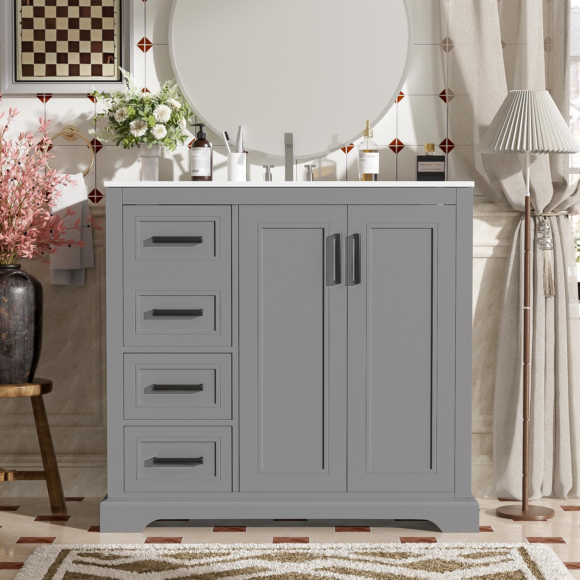 36 Inch Grey Bathroom Vanity with Ceramic Sink,Modren Bathroom Vanity with Left Side 3 Drawers & Integrated Countertop,Ample Storage with Adjustable Shelf,Soft Closing Doors,Overflow Protection( incomplete It doesn't bring the hand wash)