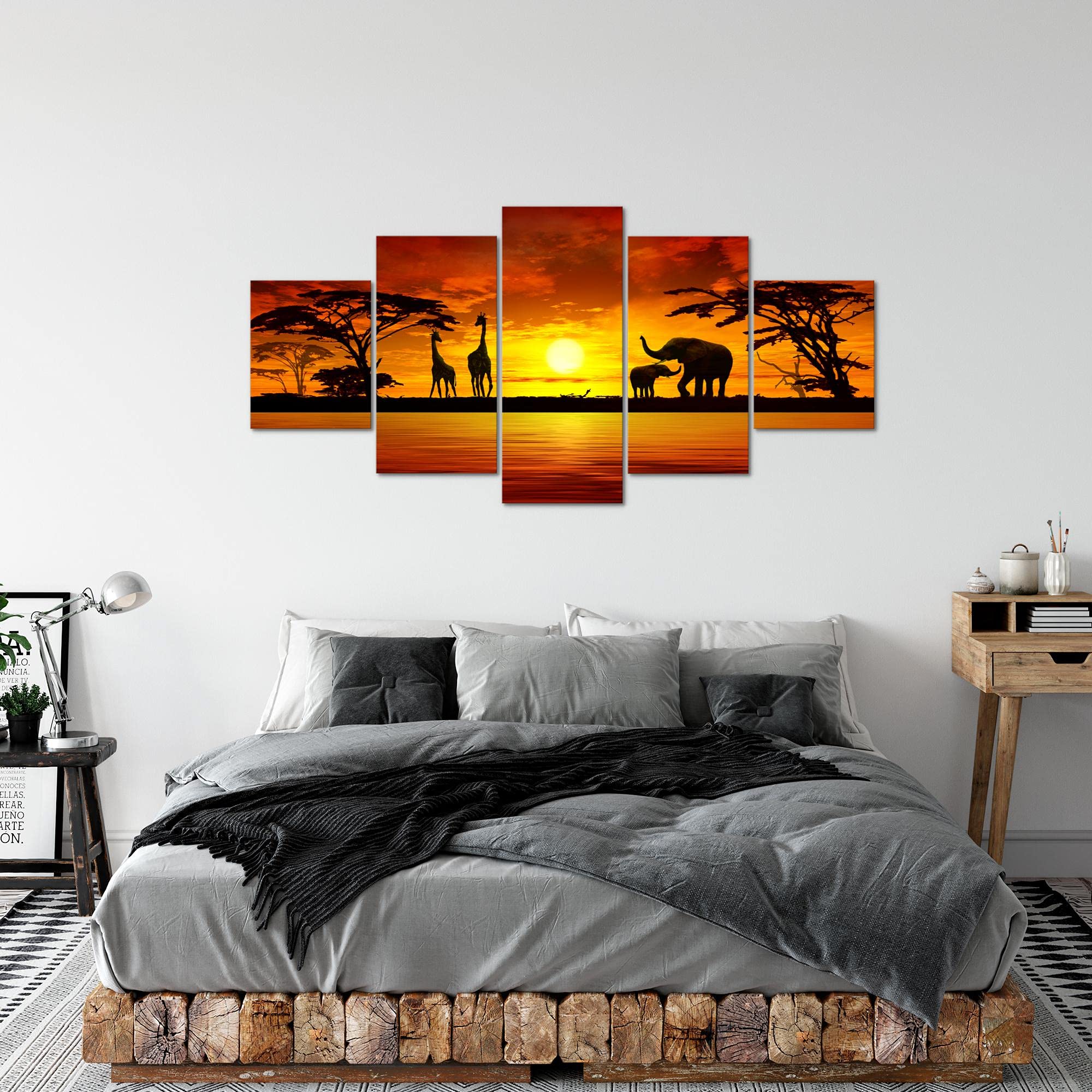 Runa Art - Tableau Afrique Le Coucher Du Soleil 200 x 100 cm 5 Parties XXL Decoration Murale Dessin Orange 000251a