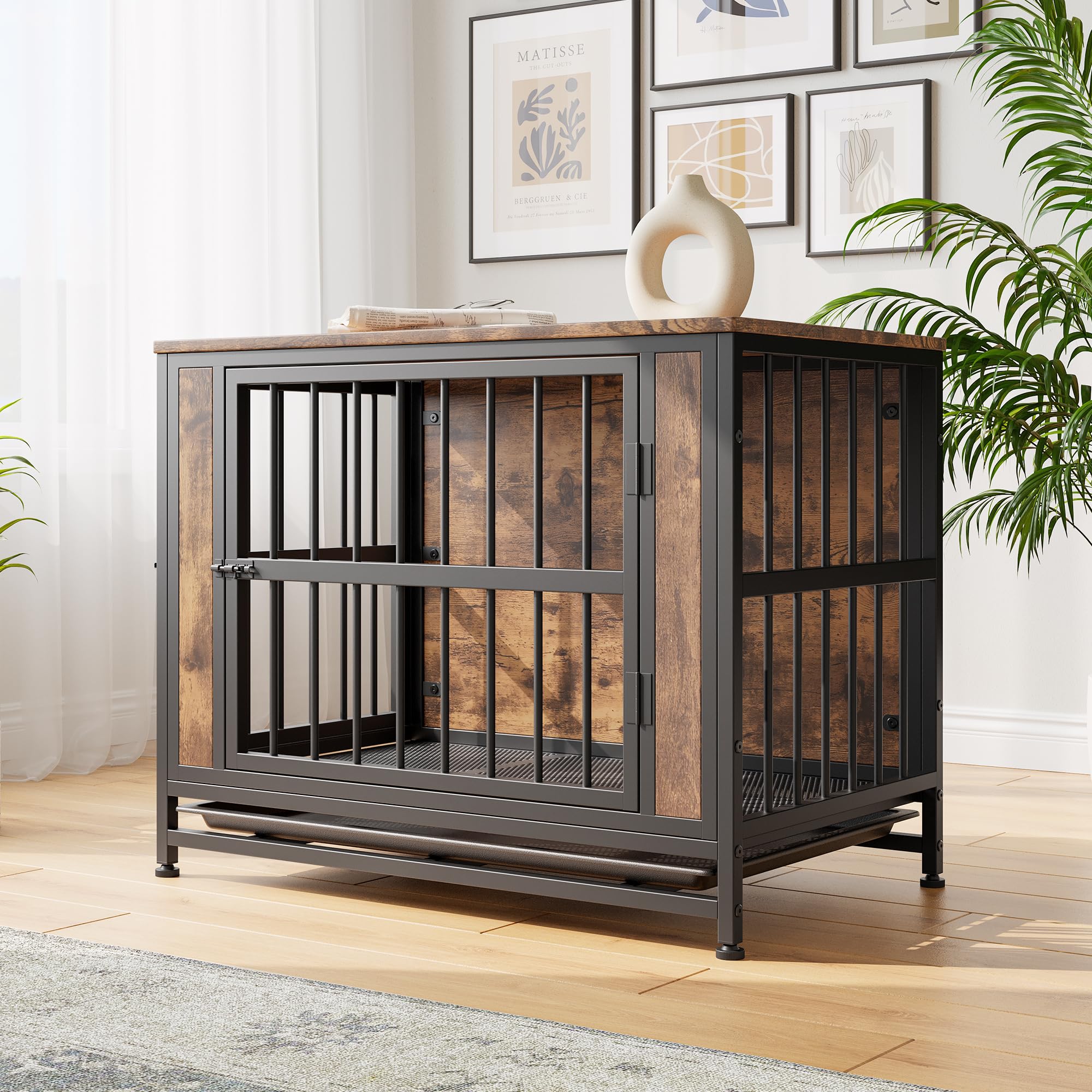 Muebles de jaula para perros, jaula resistente para perros grandes/medianos, caseta de madera para interiores, casa para perros con bandeja extraíble, mesa auxiliar de jaula para mascotas de