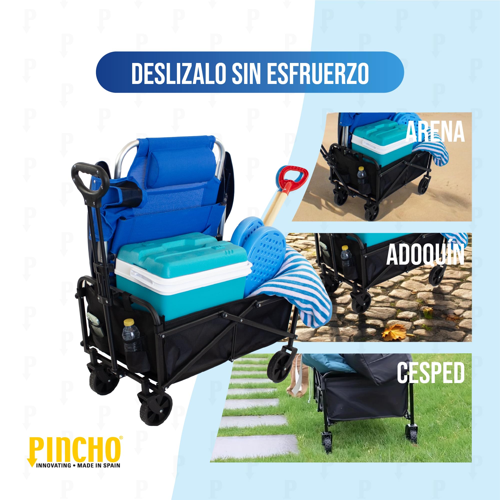 Carro Playa Plegable - PINCHO - Carrito De Playa Plegable, Carro Transporte Plegable con Asa Telescópica, Carretilla Plegable con Ruedas y Frenos - 4 Ruedas, Carga 50 kg, Plegado Compacto, Bolsillo