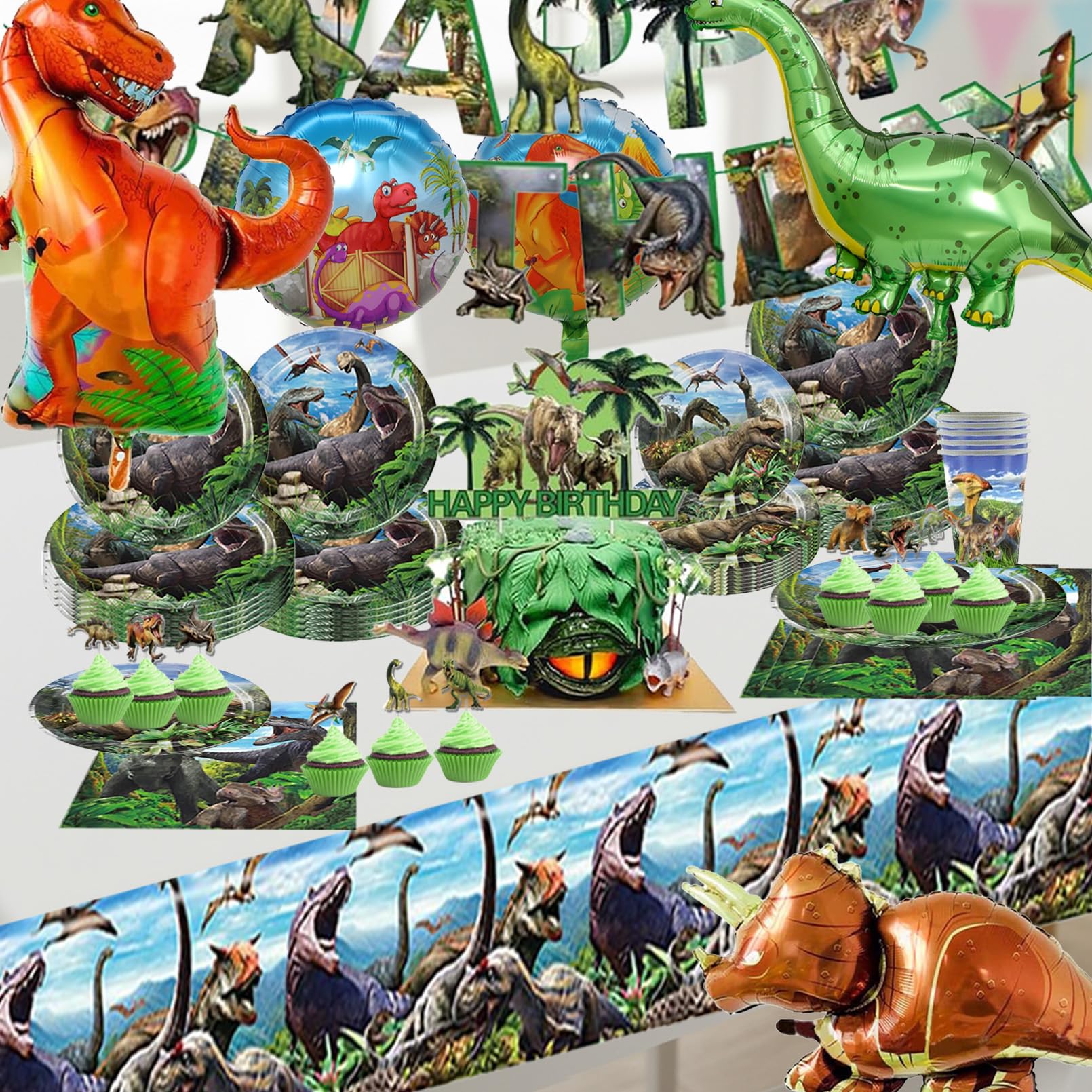 73 Pezzi Dinosauri Stoviglie per Feste di Compleanno，Addobbi Compleanno Dinosauri，Tovaglia, Piatti di Carta，Adatto a 10 persone
