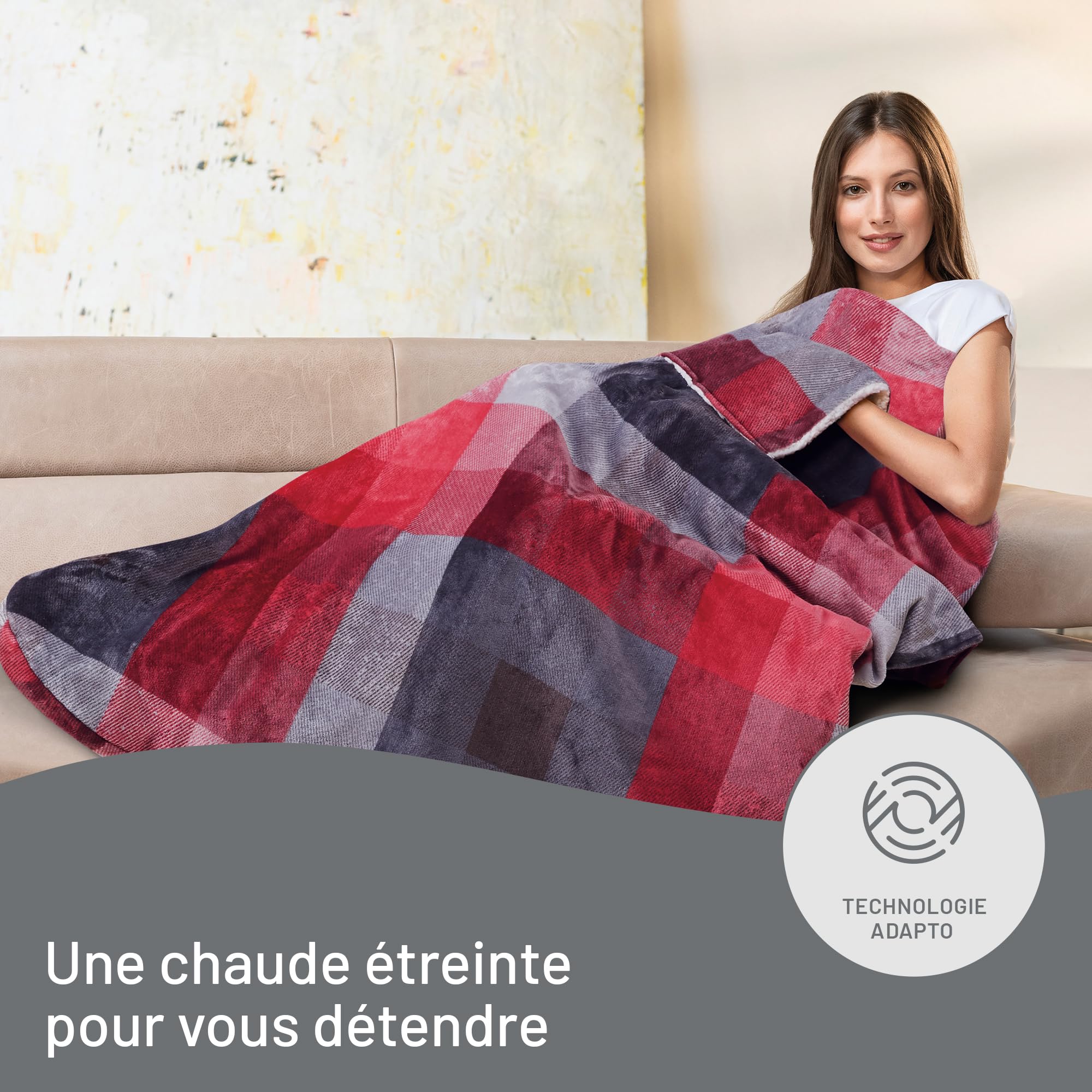 Imetec Couverture Chauffante Adapto Velvet Tartan + Poche - Plaid chauffant 150x110 cm-6 Températures, Motif Tartan,Tissu Toucher Velours et Sherpa,Anti Surchauffe, Chauffage Rapide,Lavable en Machine