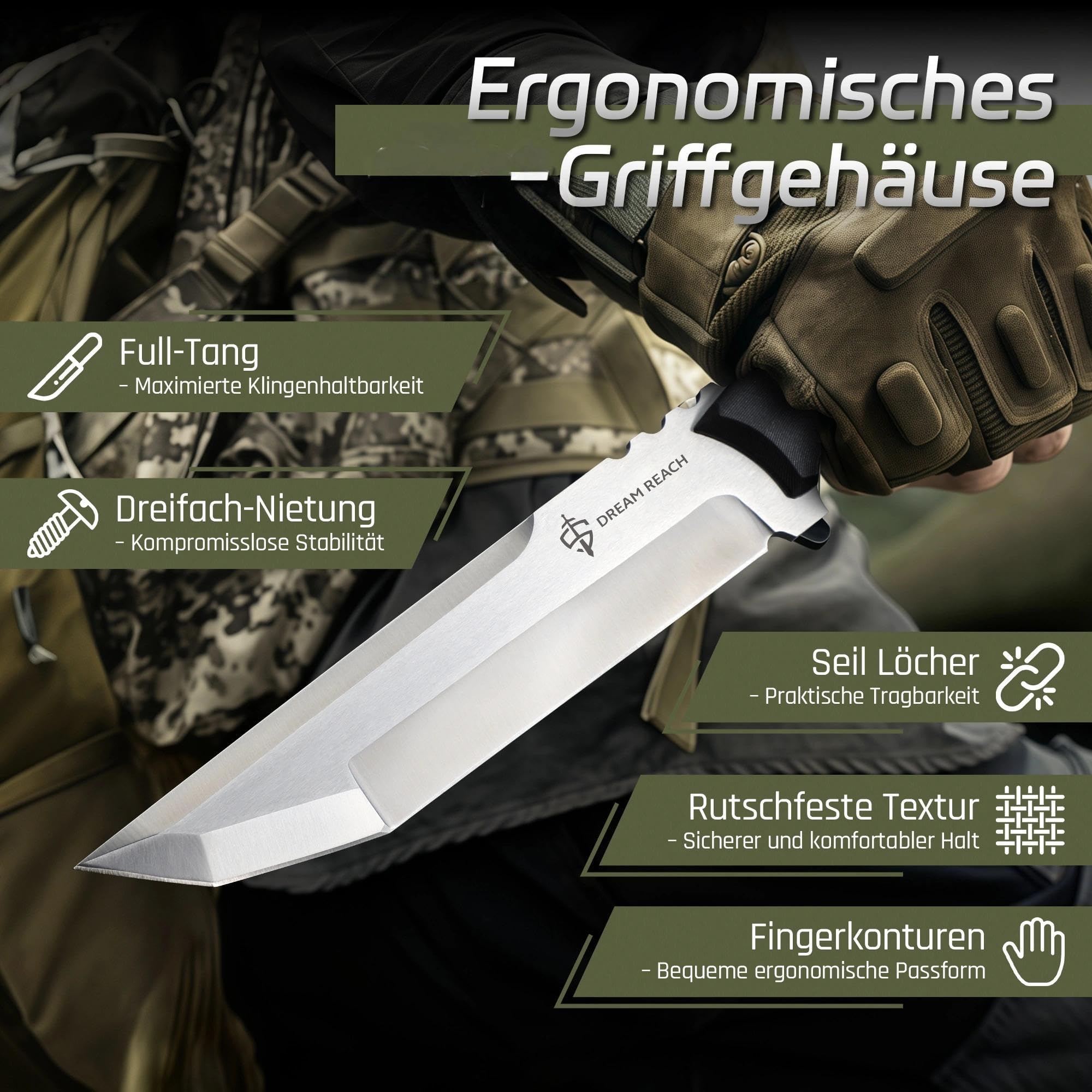 Dream Reach Machete Scharf Echt - Full Tang Outdoor Messer mit Ergonomischer Griff Feststehend Messer mit Scheide für Camping Geschenke für Männer