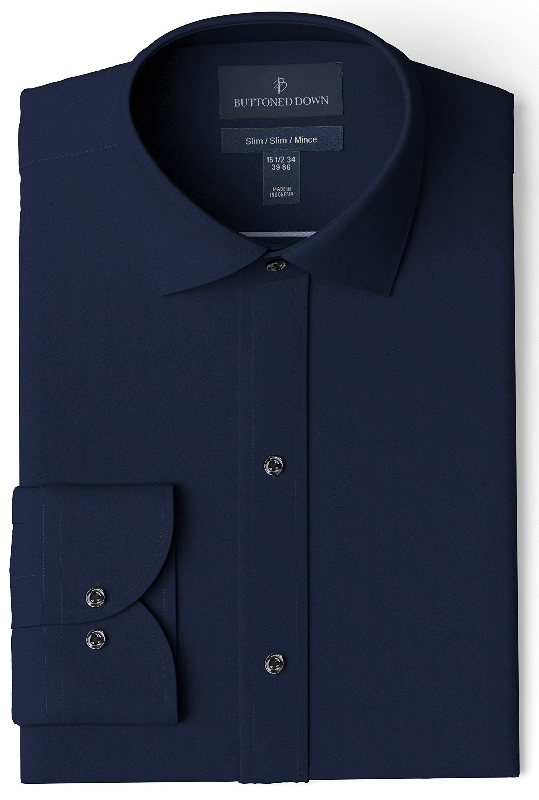 Amazon Brand - Buttoned Down Men's Slim Fit Spread-Collar Pinpoint Non-Iron Dress Shirt, Navy 15.5" Neck 31" Sleeve