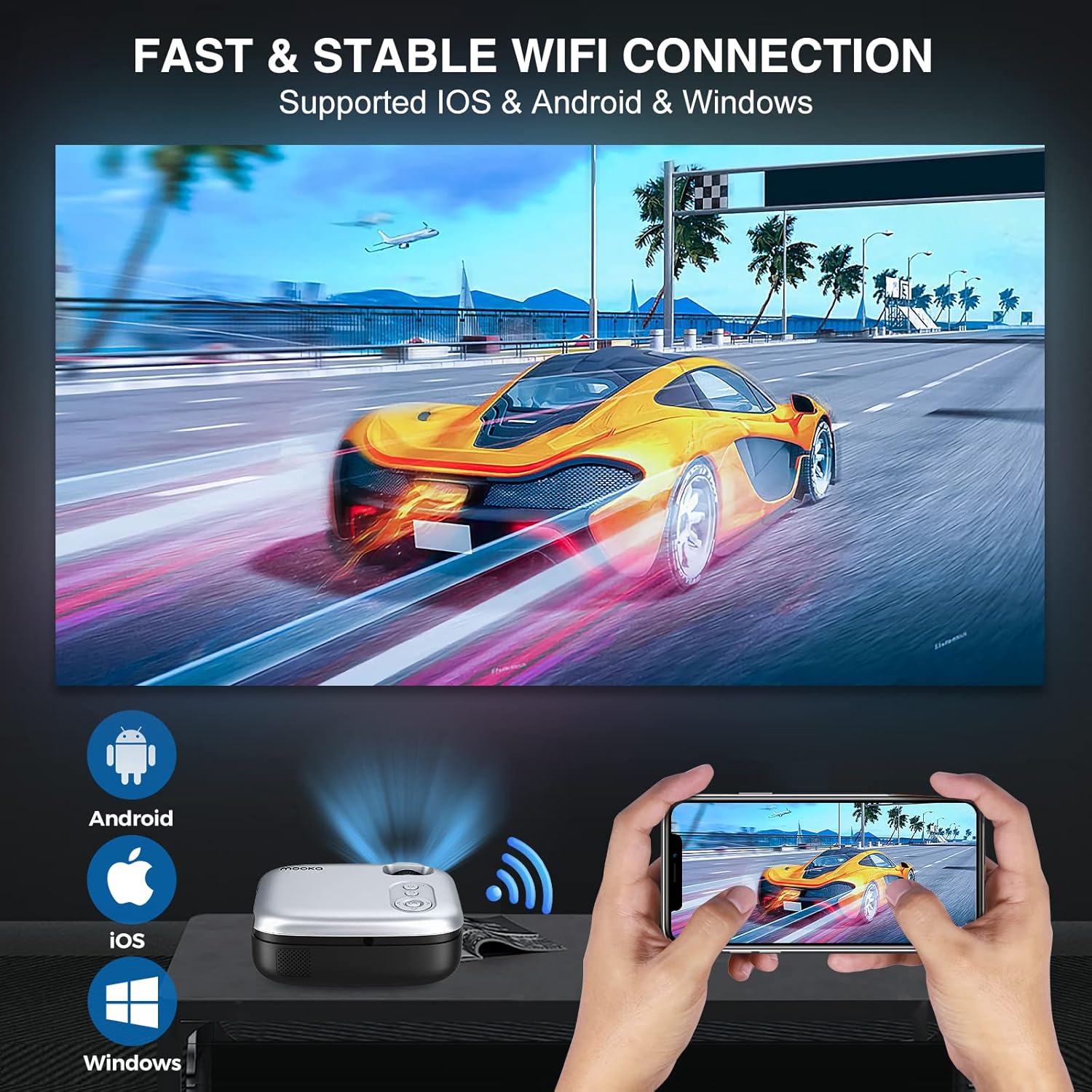 Outdoor Projector with WiFi, 1080P Full HD and 200" Supported Portable Projector 8000L Movie Projector Home Theater Compatible with TV Stick HDMI USB AV Smartphone Laptops Grey