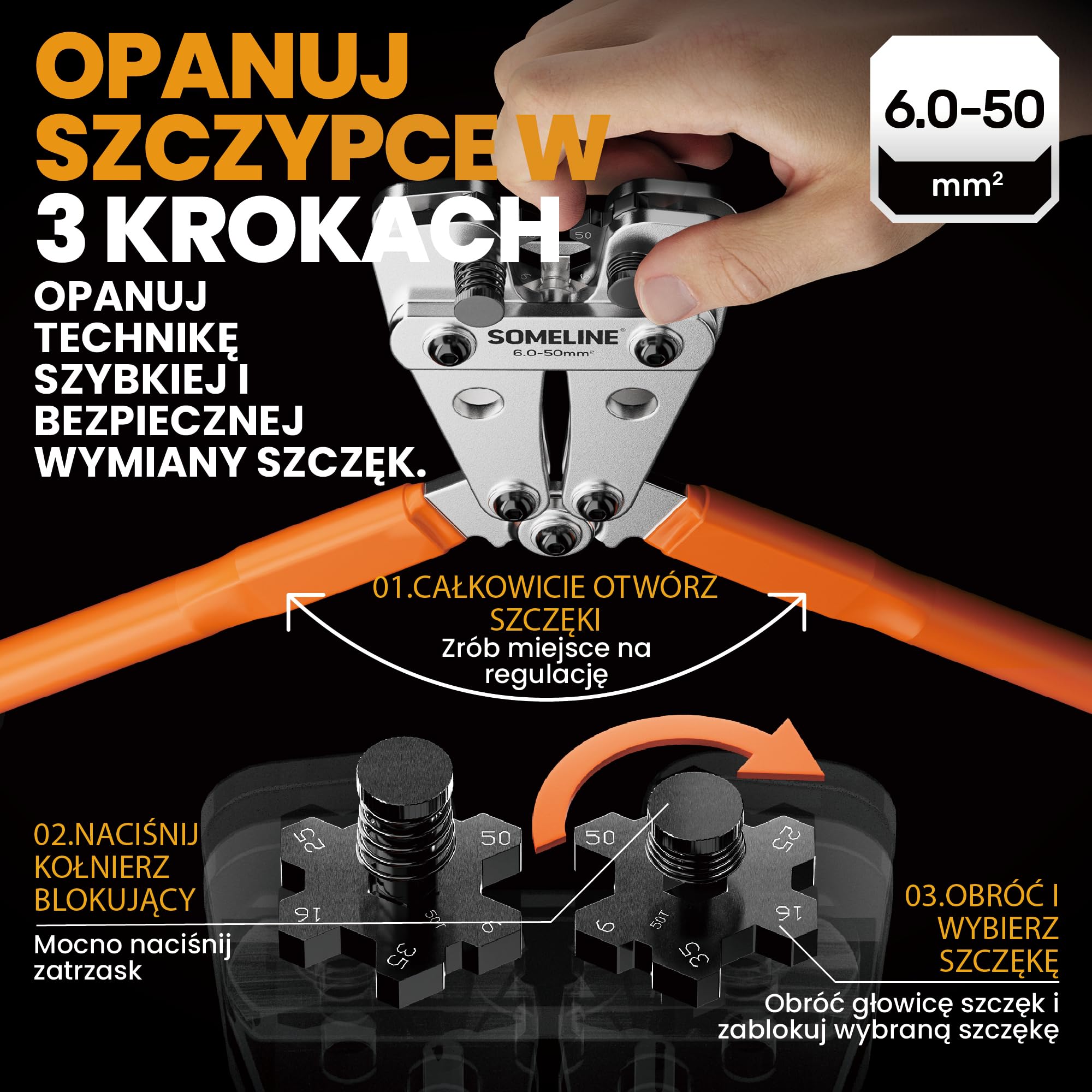 SOMELINE Szczypce do zaciskania końcówek kablowych 6-50 mm², zestaw końcówek kablowych, końcówki oczkowe z cynowanym otworem na śrubę, miedziane, zestaw szczypiec do zaciskania, elektronarzędzie
