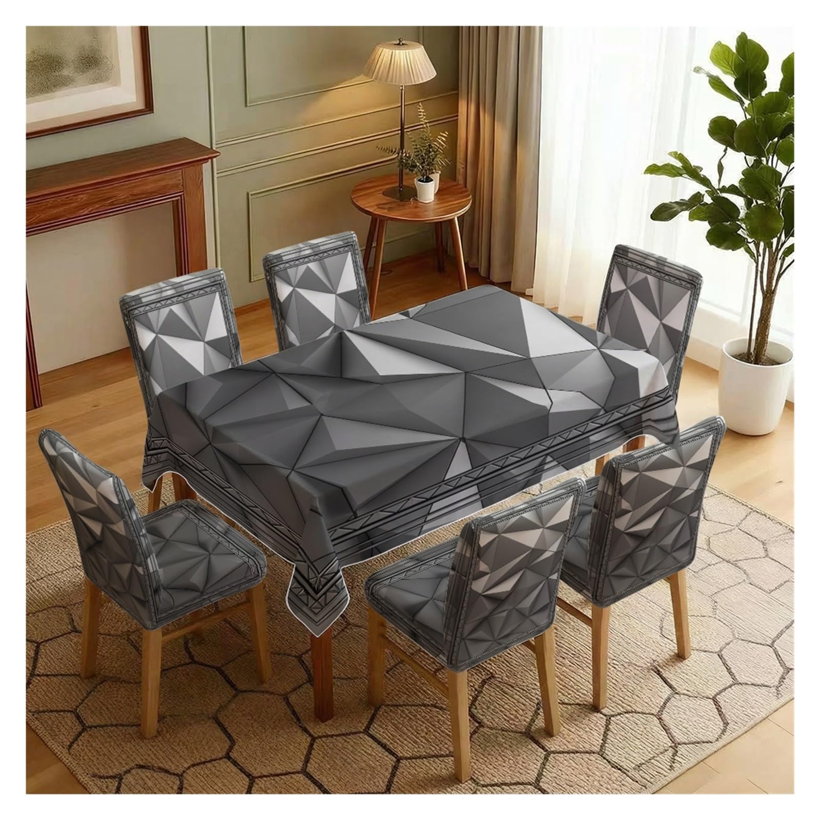 KXUAUV Stretch Dining Chair Slipcover & Tablecloth Set, Grey Black Geometric Print, 5/7 Pack, Modern Minimalist Home Dining Decor Party Decor(7pcs Set: Tablecloth+Chair Covers)