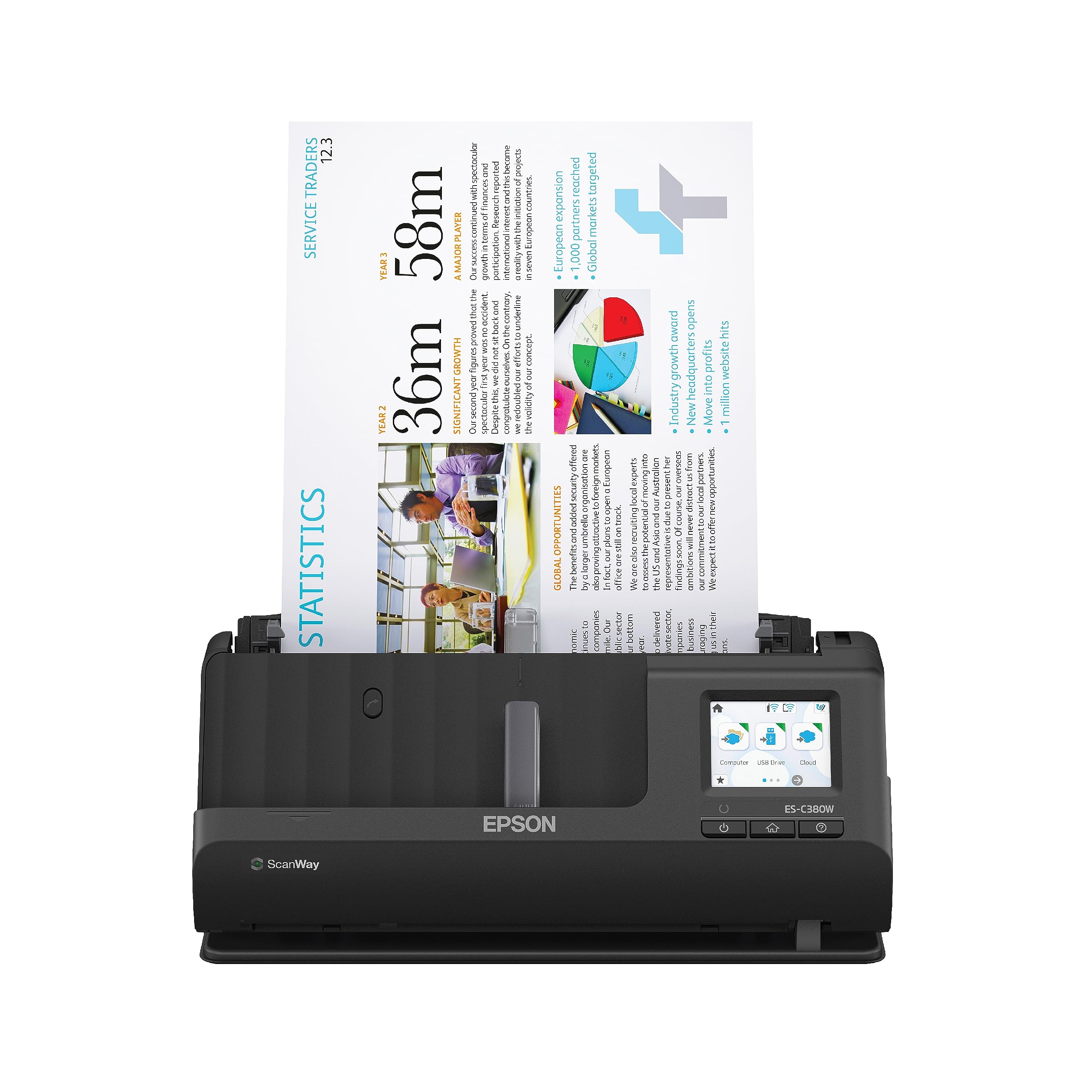 Epson Workforce ES-C380W Escáner de documentos compacto inalámbrico de escritorio con escaneo de 2 lados y alimentador automático de documentos (ADF) para PC y Mac
