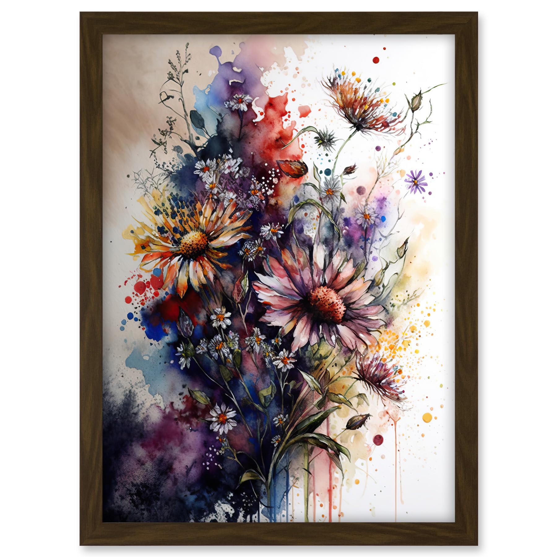 Artery8 Flower Bouquet over Watercolour Splat Illustration Artwork Framed A3 Wall Art Print