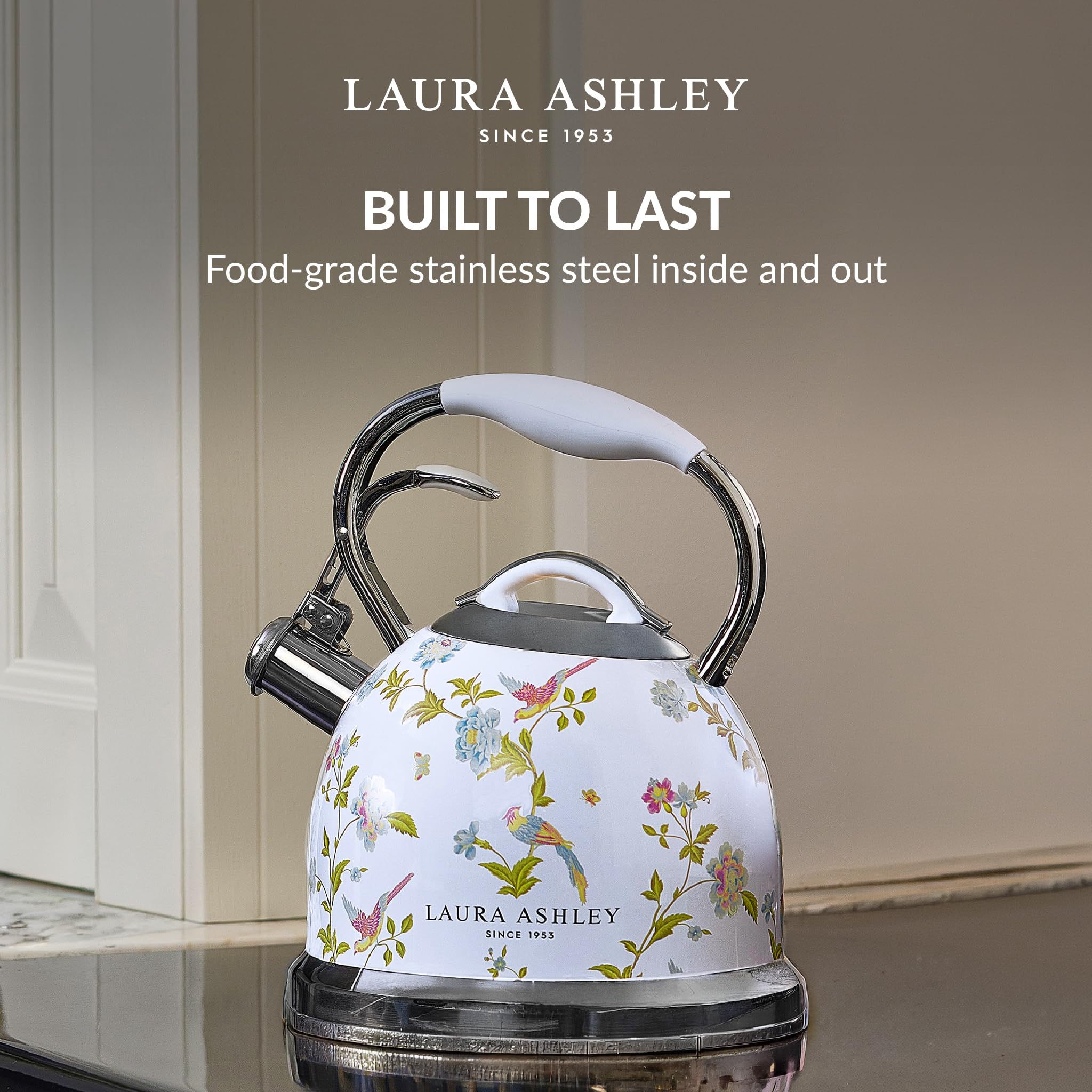 Laura Ashley Elveden White 3 Litern Wasserkessel Induktion von VQ – Wasserkessel Camping mit Pfeifton für Gasherd, Induktions kochfeld oder andere Kochfelder mit Druckknopf Mechanismus