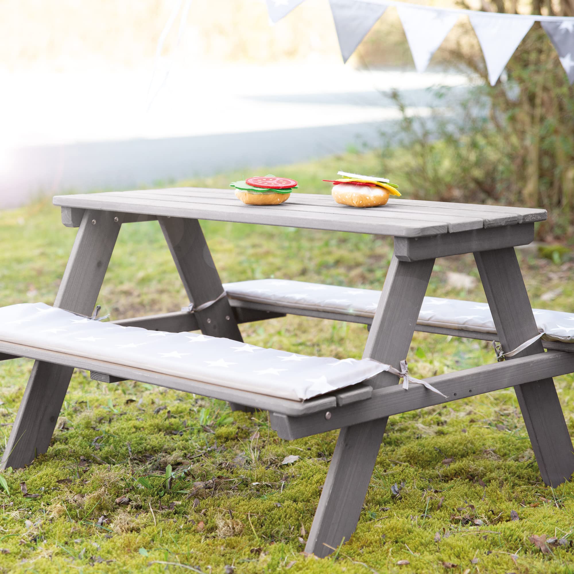 roba Ensemble de Table et Bancs avec Trou de Parasol Picnic for 4 Outdoor+ 4 Places - Bois Massif Résistant aux Intempéries - 89 x 85 cm - Supporte 100 Kg - Teinté Gris