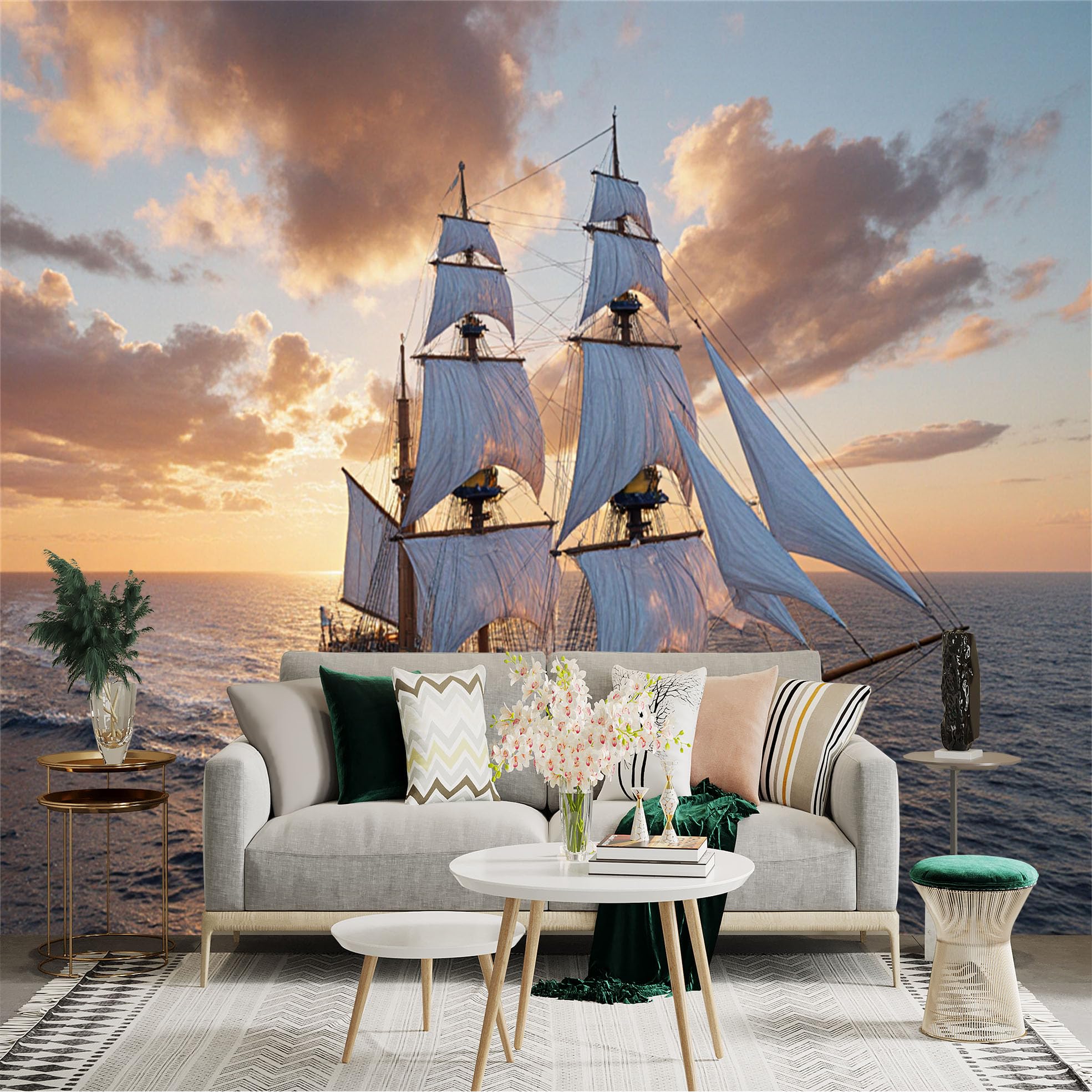 Custom Size Wall Sticker Mural， Antique Sailing Ship at Sunset， Ocean Waves and Golden Clouds， Nautical Exploration Theme， for wall Decoration， peelandstick wall Decals.
