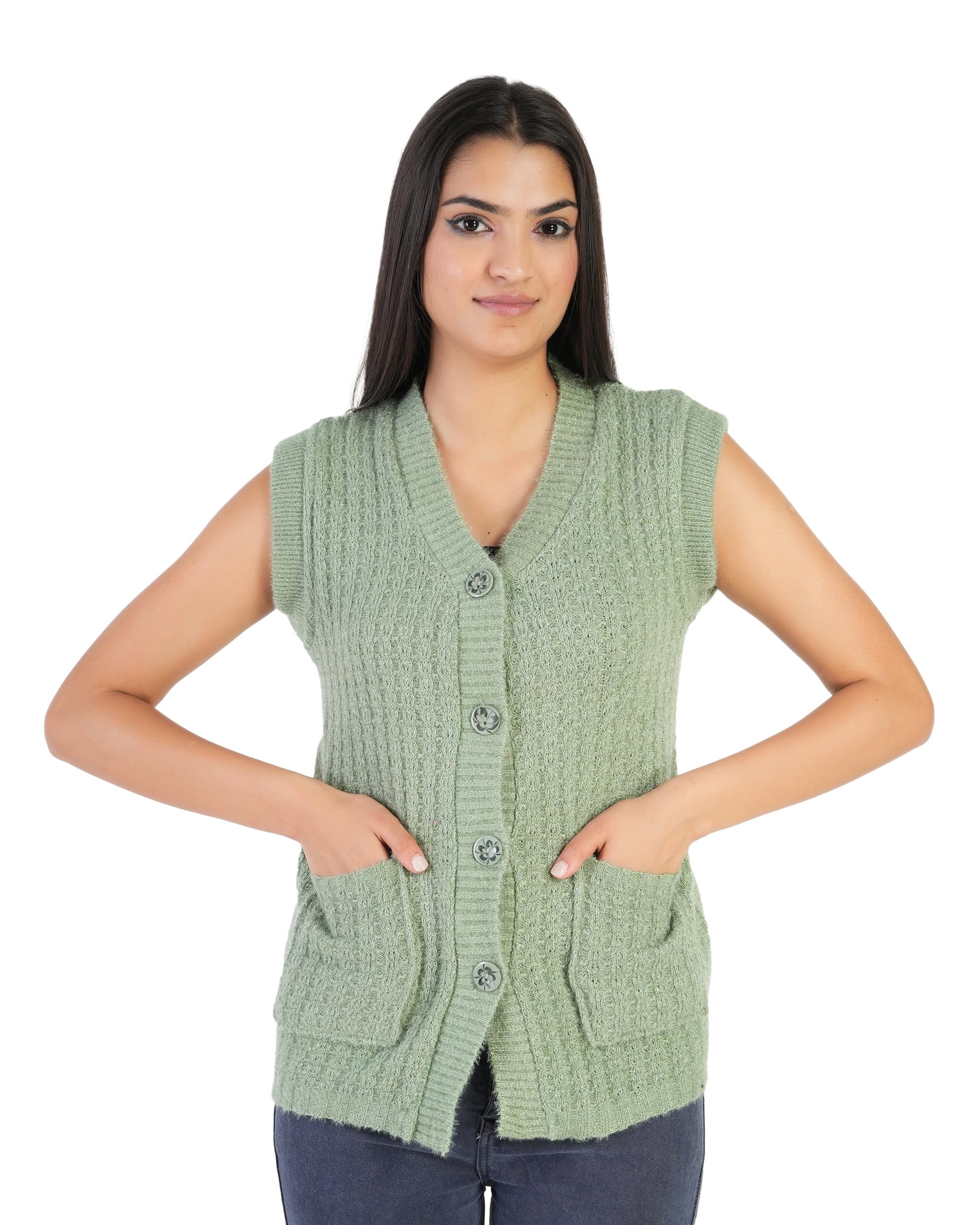 Women's Woolen V-Neck Buttoned Sleeveless Cardigan Self Design Soft Wool Fabric Winter Wear Pure Wool Sweater Cotty Fully Warm with Front Pockets Sweater