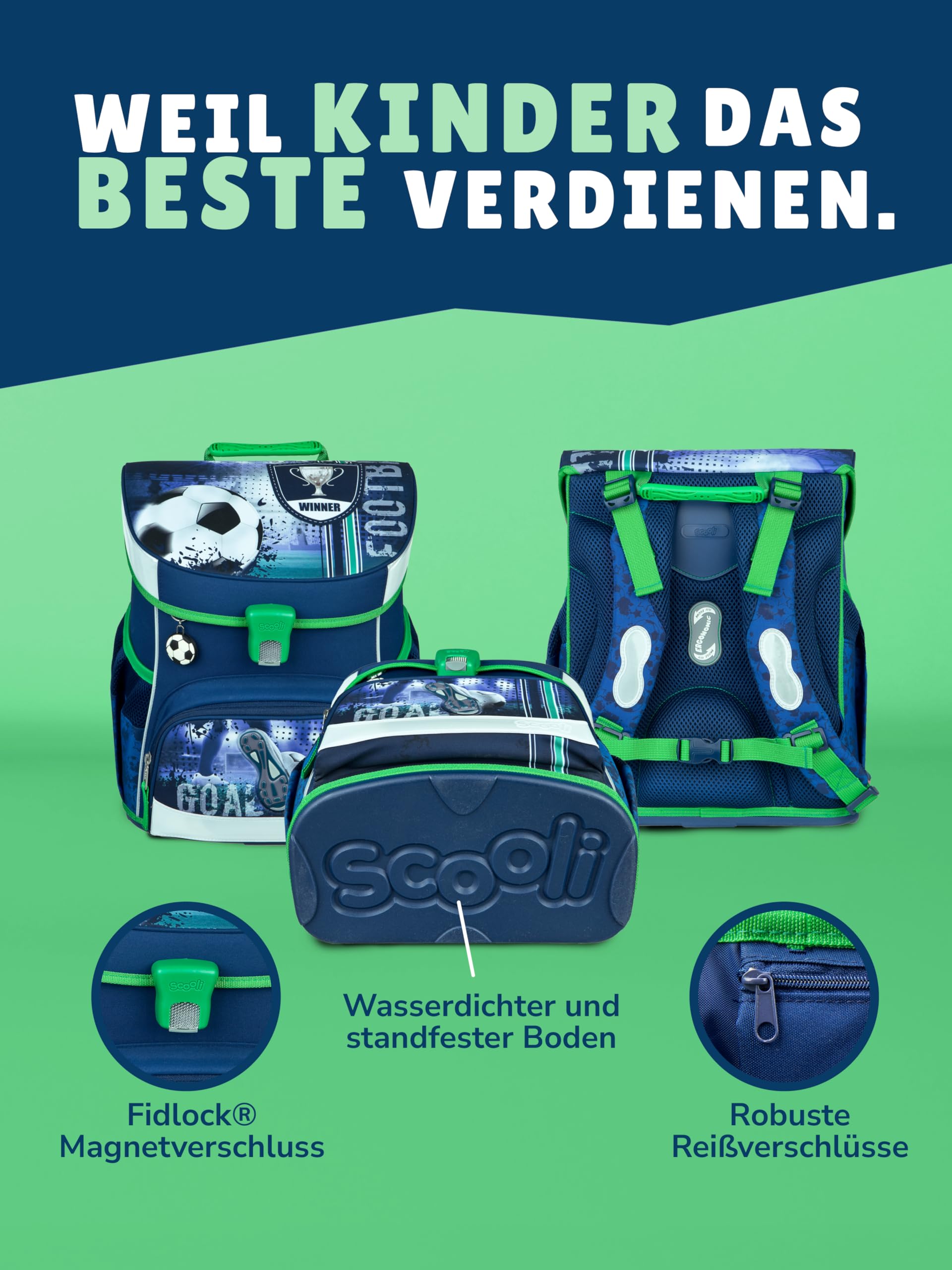 Familando - Scooli Campus Fit Schulranzen Set - 5-teilig mit Federmappe - Fußball Motiv Blau - Ergonomisch, Stabil & 980g leicht - 18L Volumen - Brustgurt & Reflektoren - Für Grundschule ab 1. Klasse