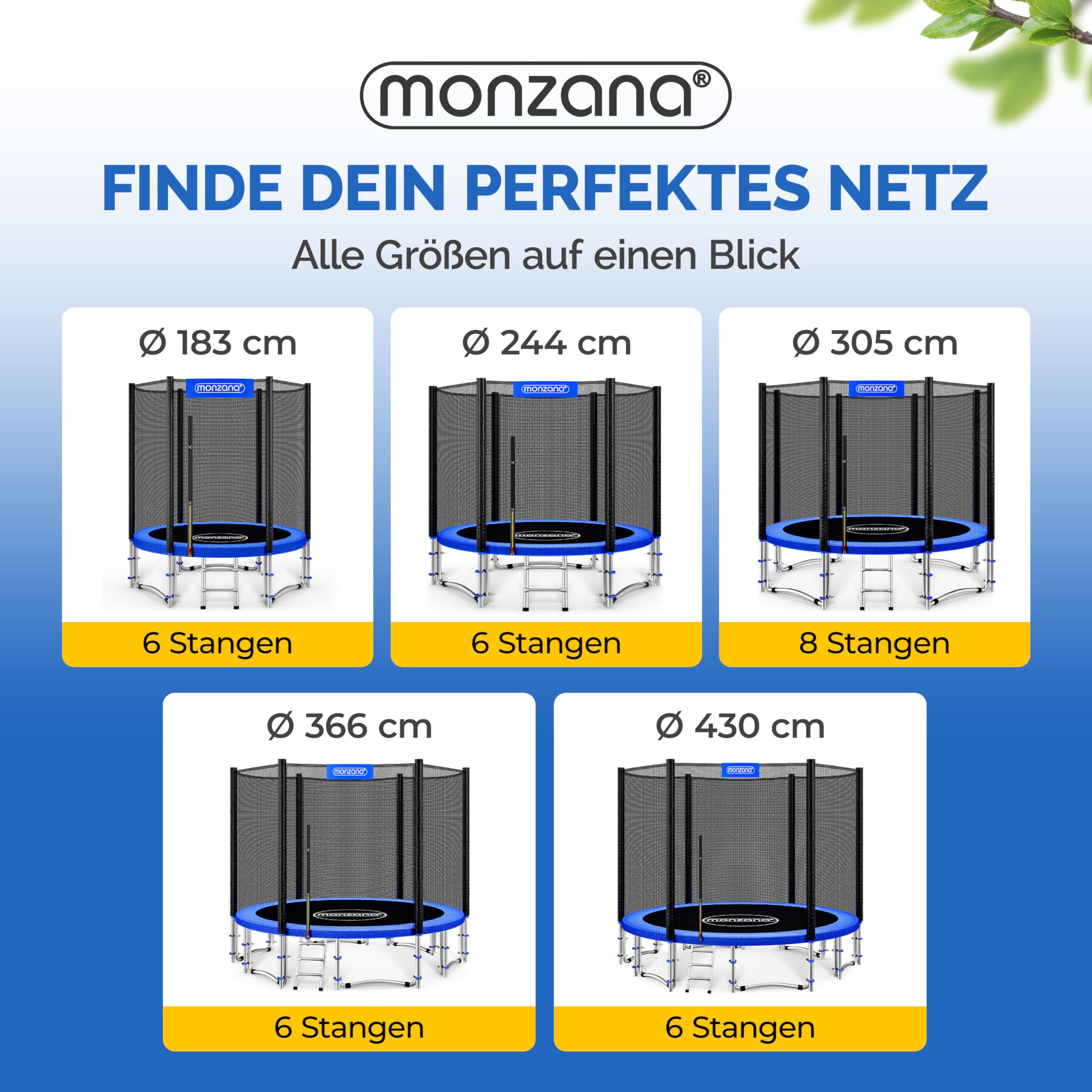 Monzana® Sicherheitsnetz Trampolin Ø 183/244/305/366/427 cm 6-8 Stangen UV-beständig Trampolinnetz Trampolinschutz