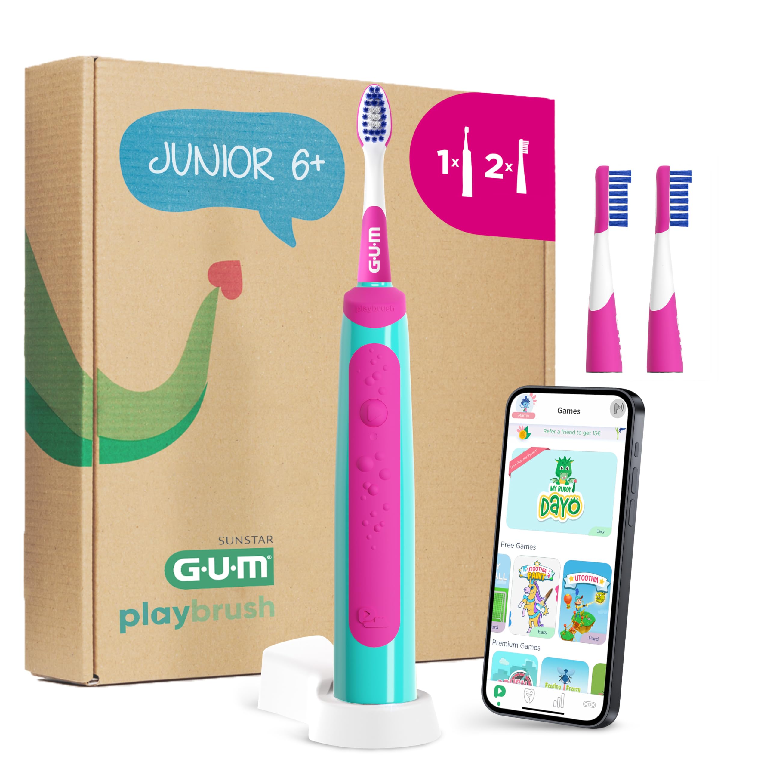 Brosse à dents électrique GUM Playbrush JUNIOR 6+ | app de jeux interactive | 2 modes de brossage | brins extra-souples | autonomie de 8 semaines | 1x brosse à dents | 2 petites têtes de brosse |Rose