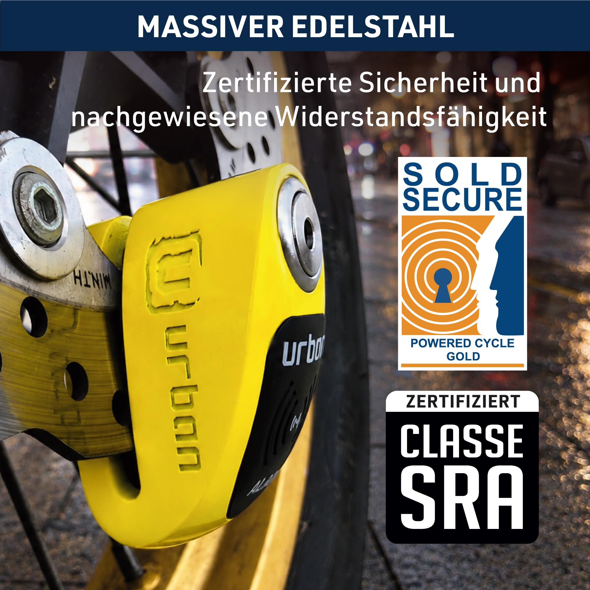 URBAN UR910Y Bremsscheibenschloss mit Alarm 120dB ON/OFF, Gelb+Schwarz Edelstahl lackiert +Abschreckend, SRA & Sold Secure Gold Zertifiziert, Doppelverriegelung Ø10 mm, Motorrad Schloss für Scooter