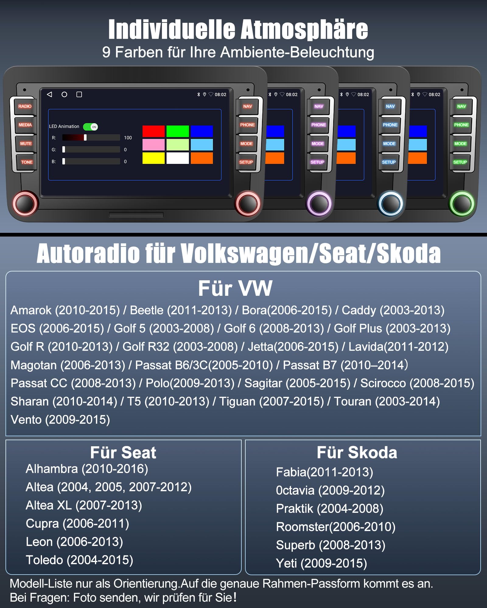 Lehwey Bluetooth Autoradio mit Bildschirm für Golf 5 6 VW Polo T5 Passat Touran Seat mit Navi WLAN FM/AM, Apple Carplay, Android Auto, Lenkrad Strg, 2Din Android 14 Dab Auto Radio Touch Display 7 Zoll