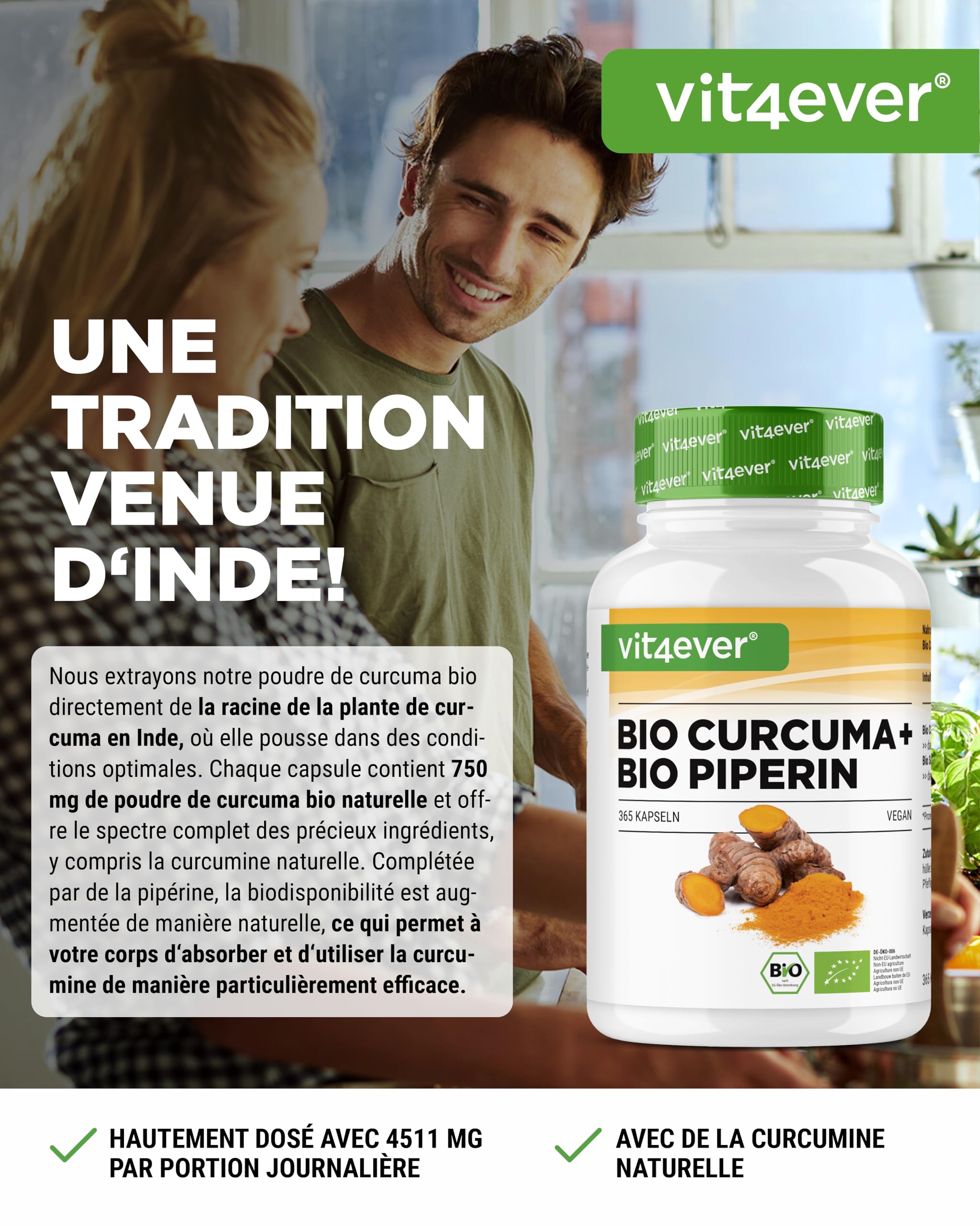 vit4ever Curcuma Bio au Poivre Noir - 365 capsules - 4511 mg de Curcuma Bio (Curcuma) par Dose Journalière - avec Curcumine & Pipérine - Qualité 100% Bio - Fortement Dosé - Végétalien