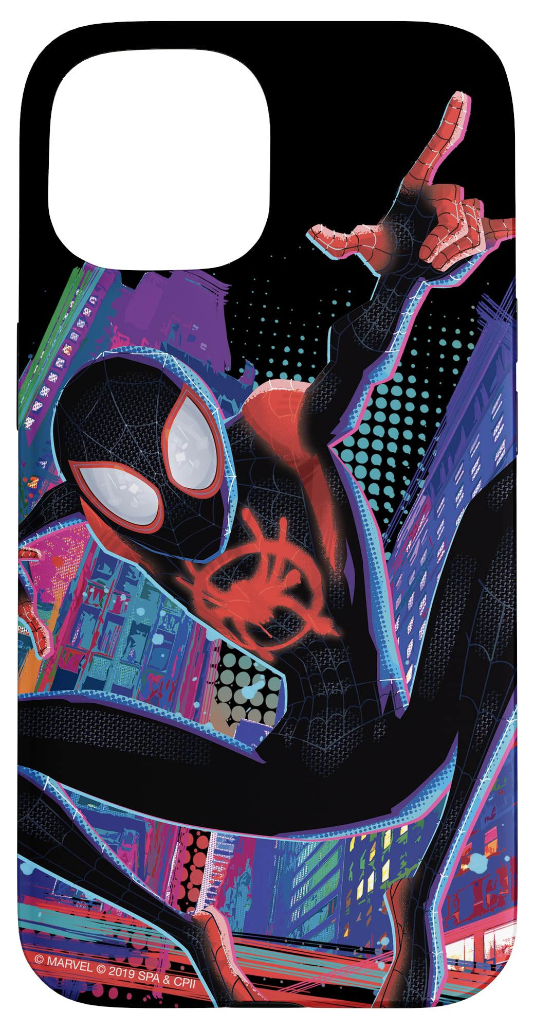 Custodia per iPhone 15 Marvel Spider-Man nella città di Spider-Verse Miles Morales