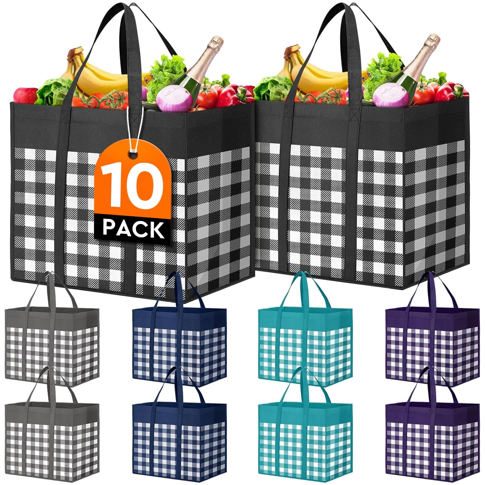 WISELIFE Bolsas de compras reutilizables para comestibles, paquete de 10 bolsas grandes plegables a granel, bolsas de productos ecológicos con mango largo para compras y ropa (cuadros A)