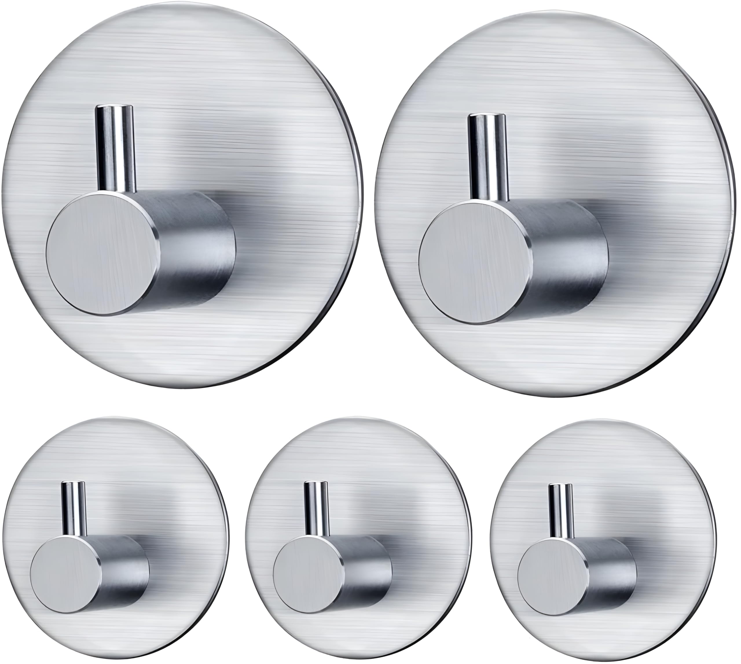 JIALTO 5 pcs Self-Adhesive Stainless Steel Hooks: Heavy-Duty Wall Hanging Solution Without Drilling - Waterproof Hooks for Bathroom and Kitchen Towels (Round Silver)