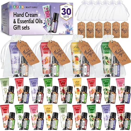 AZEN 30 juegos de regalos a granel, crema de manos y aceites esenciales a granel con bolsa de organza, tarjeta de agradecimiento, regalos de boda