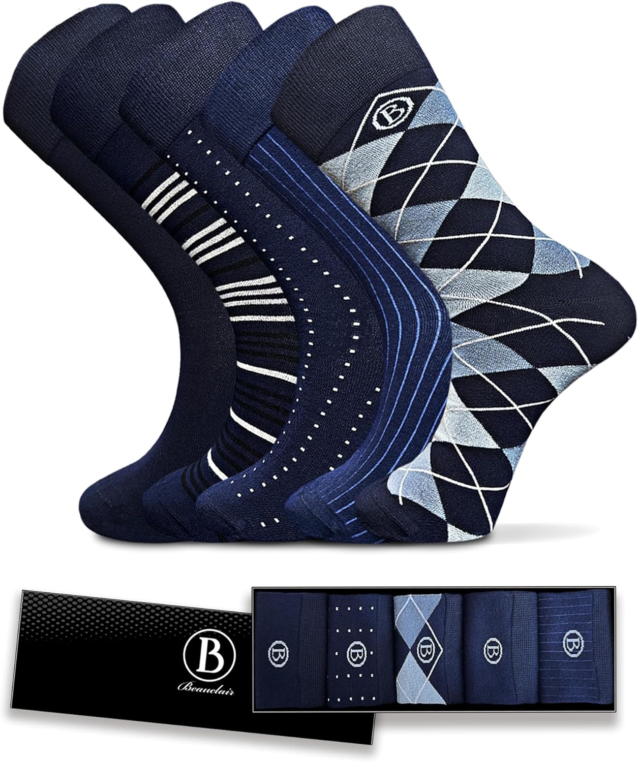 Easytwelve Men's Bamboo Rayon Dress Socks Size 8-13, 5 Pairs Mid Calf Crew Socks for Business & Casual, Gift Box