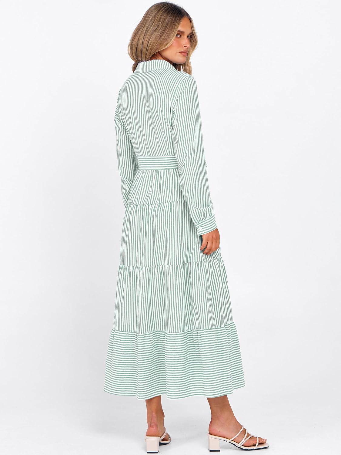 Caracilia Women Long Sleeve Maxi Dress 2026 Spring Casual Button Down Striped Plaid Tie Waist Shirt Dresses Vacation Outfits - Image 5