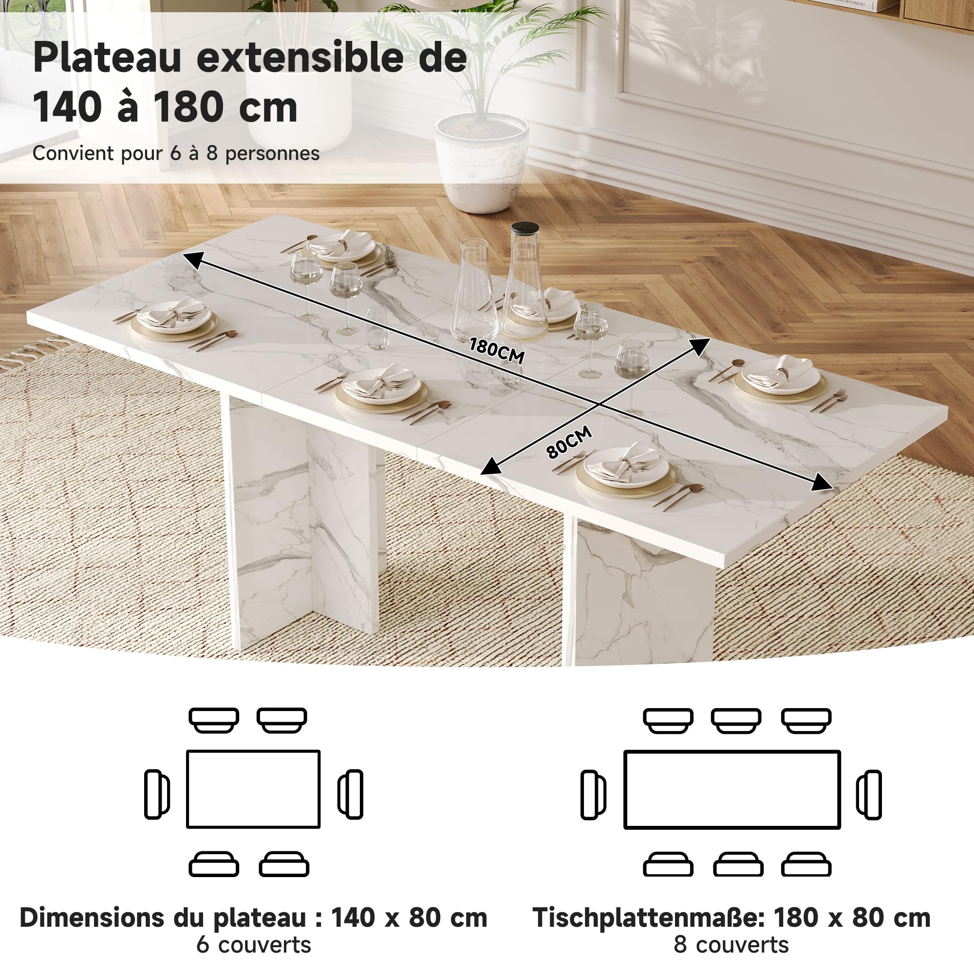 Rozsuwany stół do jadalni 140-180 x 80 cm dla 6-8 osób, wygląd białego marmuru, stół kuchenny z płytą MDF o grubości 30 mm, stabilny stół rodzinny do jadalni i kuchni