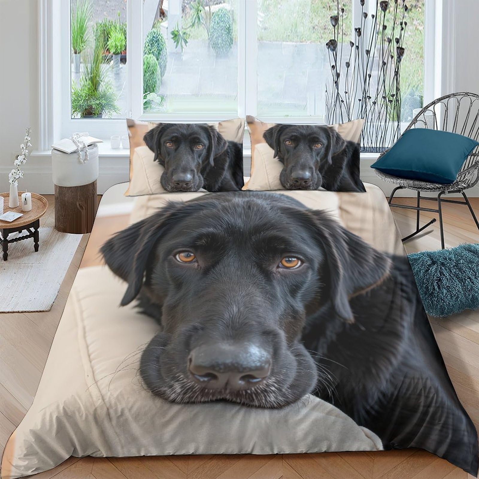 GPLZQXKJNH 3D Printed Black Labrador Duvet Cover Microfiber Soft Breathable Dog Bedding Set with 2 Pillowcases for Bedroom Decor Single（135x200cm）