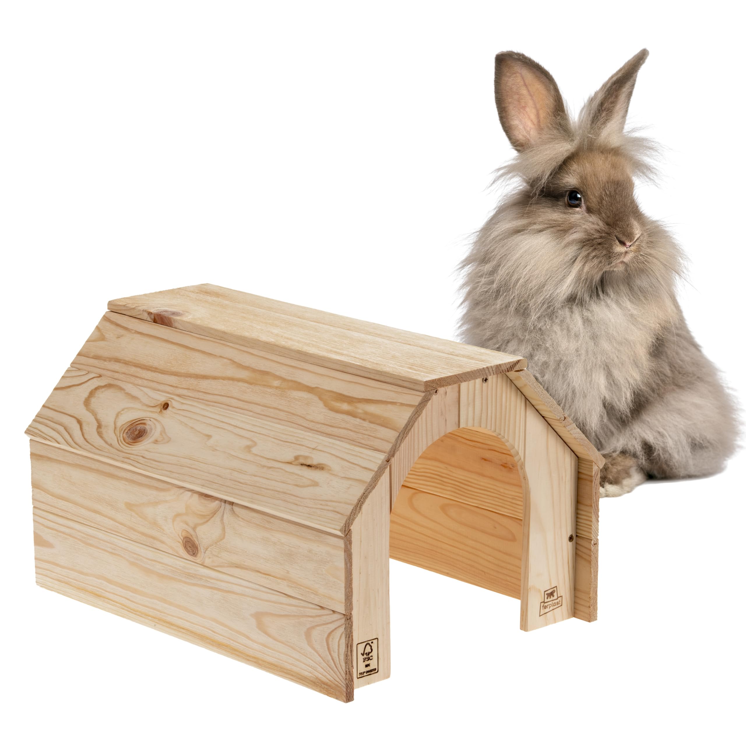 Ferplast Holzhaus für Kaninchen, Meerschweinchen & Hamster HIDDA, Kleintierhaus aus FSC®-zertifiziertem Holz, Gebürstete Optik, Schnellmontage-Set, 46 x 34 x H 27,5 cm, Größe XL