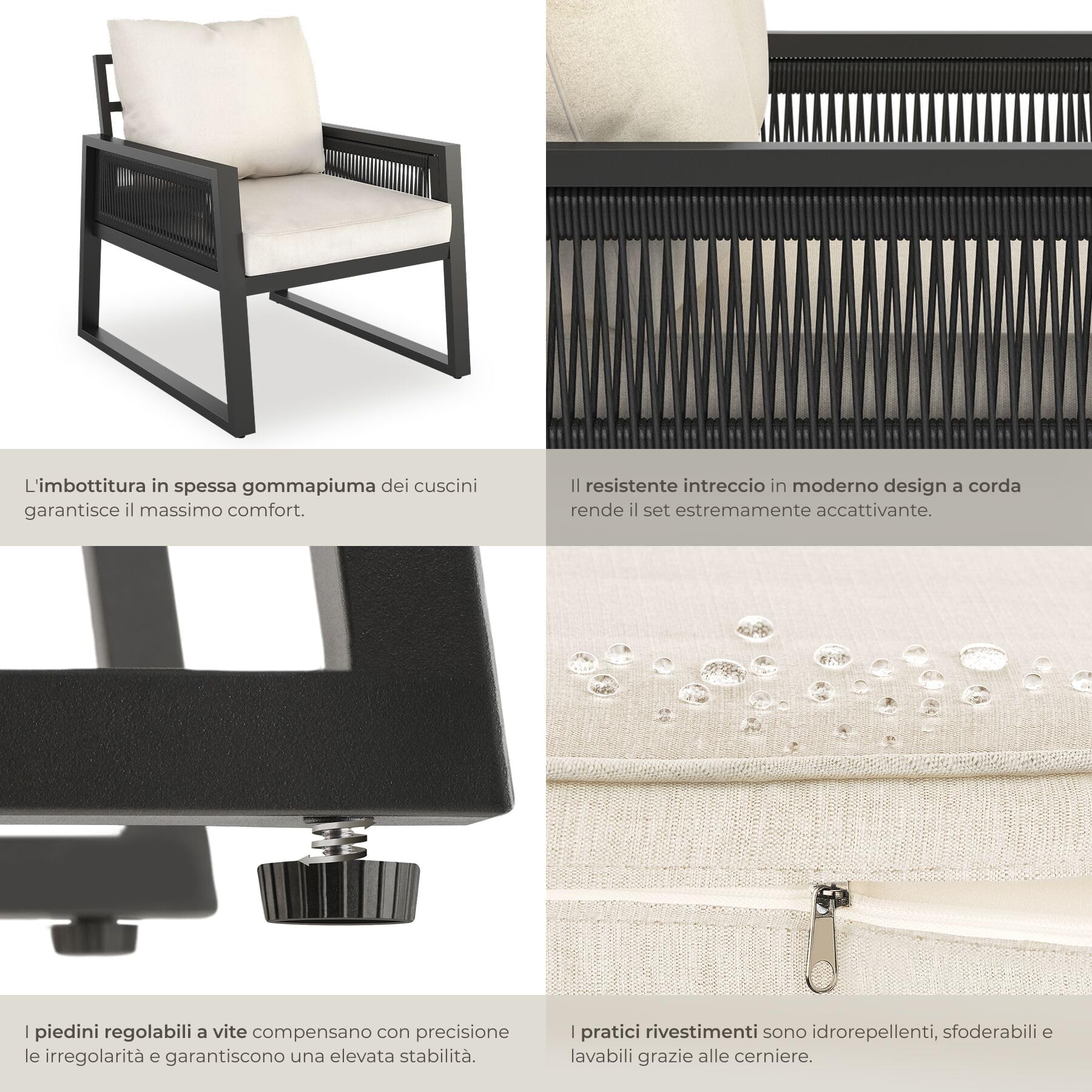 Tectake Set Salottino da Giardino 2 Posti, Telaio Alluminio Antiruggine, Cuscini Spessi, Design a Corda