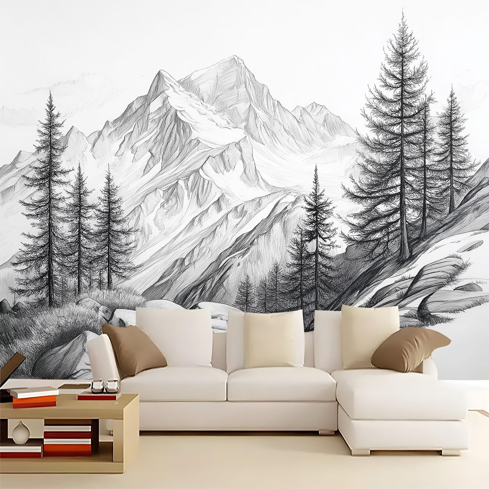Carta da parati fotografica con disegno a matita di montagne e alberi, stile paesaggio naturale, 300 x 210 cm (larghezza x altezza), grande poster per soggiorno, camera da letto, sfondo TV