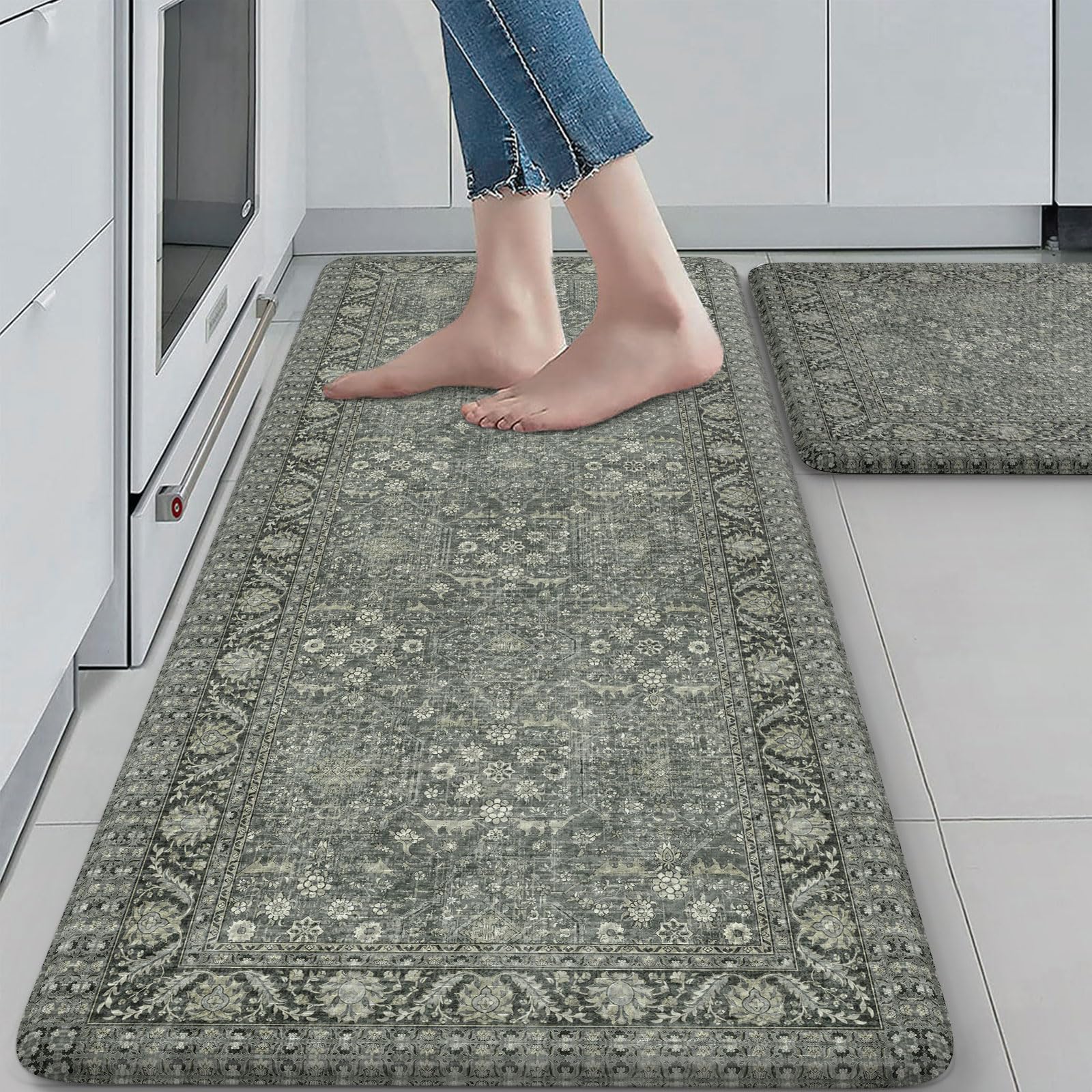 (Similar)KIMODE Anti Fatigue Kitchen Mat 2PCS,Waterproof Farmhouse Green Kitchen Rugs Non-Slip,Vintage Kitchen Mats for Floor,Cushioned Comfort Standing Mat for Laundry,Office,Sink,Desk,17\"x47\"+17\"x29\"