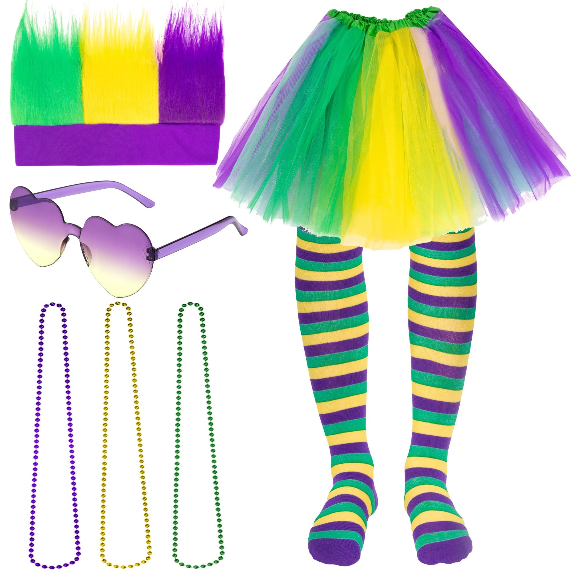 Peirich Mardi Gras Costume Accessories Outfit, Includes Layered Tulle Tutu Skirt, Mardi Gras Wigs, Glasses, Mardi Gras Beads Necklace