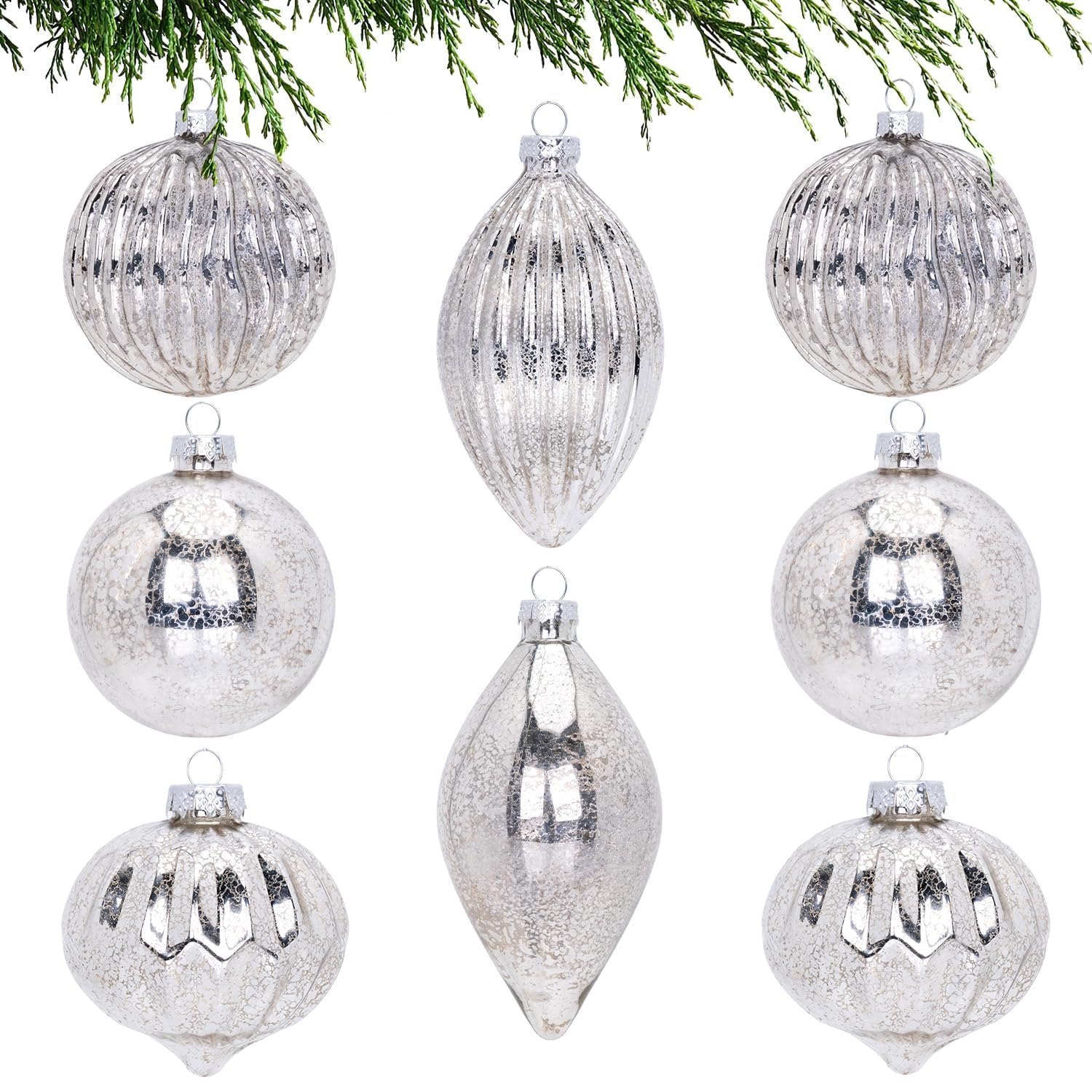 Lot de 8 grandes boules de Noël en verre mercure argenté, assorties de 8 à 12,7 cm à suspendre pour sapin de Noël, décorations vintage pour les vacances d'hiver