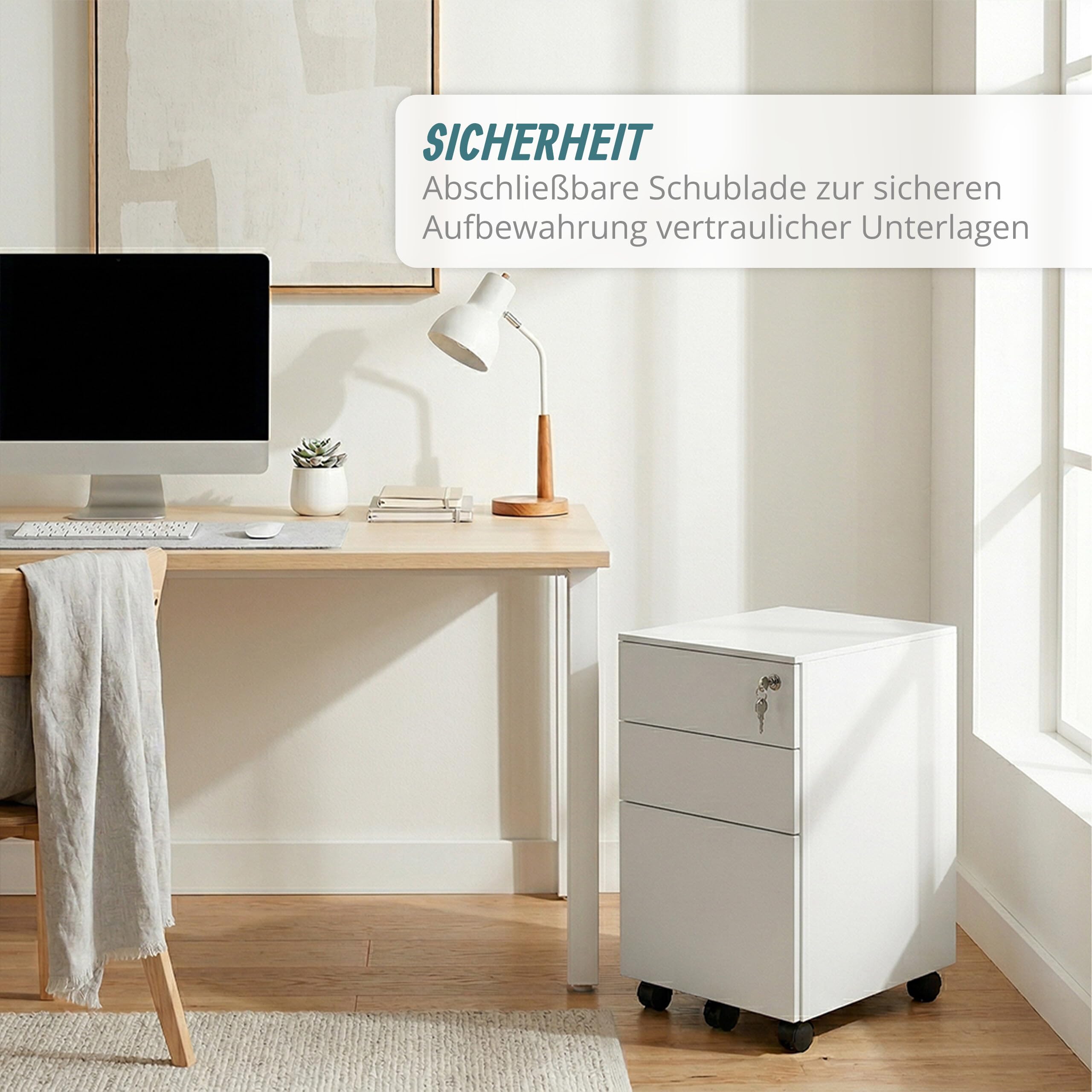 Relaxdays Rollcontainer, 3 Schubladen, HxBxT: 60 x 39 x 52 cm, abschließbar, Aktenschrank auf Rollen, Metall, weiß