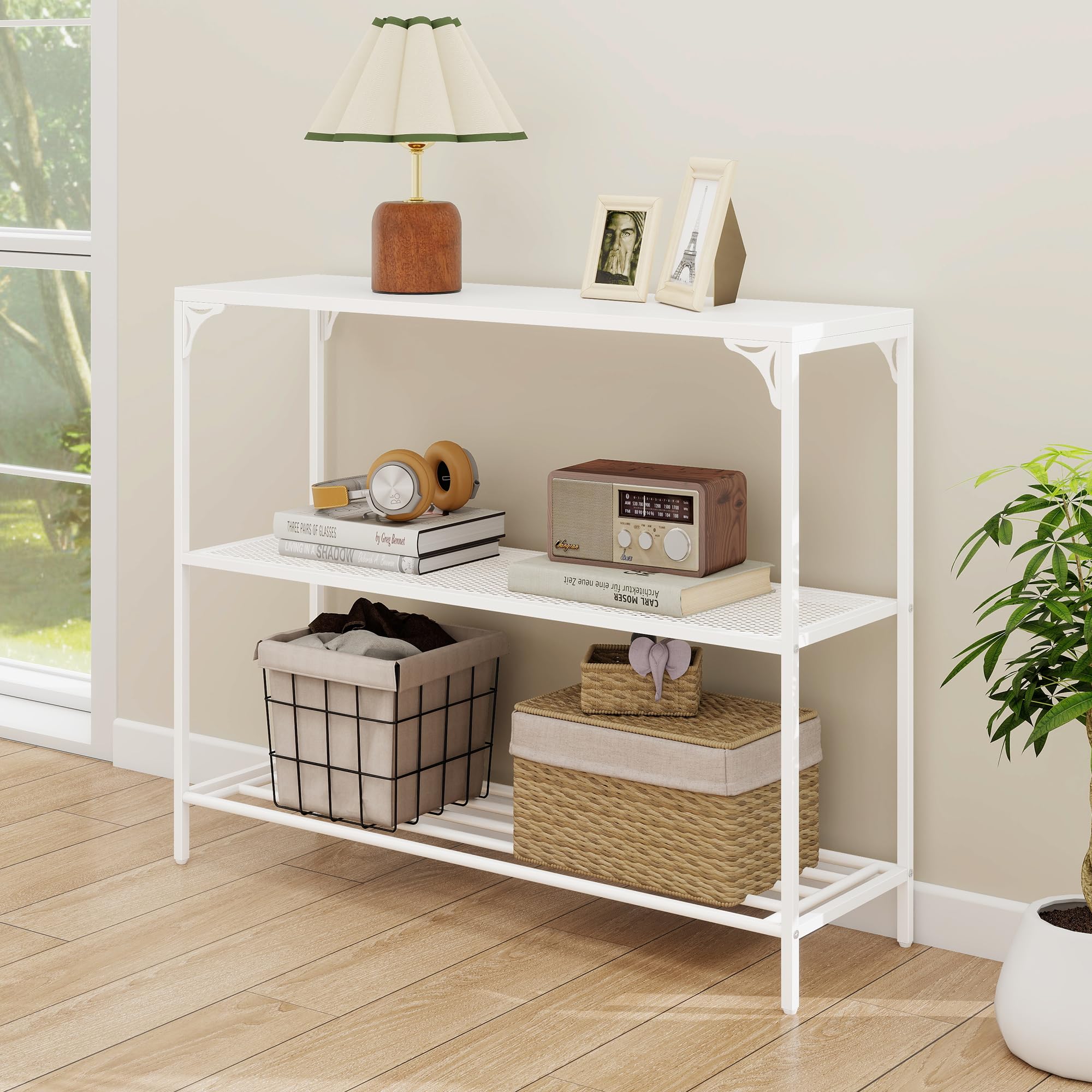 HDANI Consolle Ingresso,Tavolo Console con 2 Ripiani di Rete Metallica,Tavolino da Divano, Corridoio,Entrata,Soggiorno,100 x 30 x 80cm,Stile Industriale,Bianco
